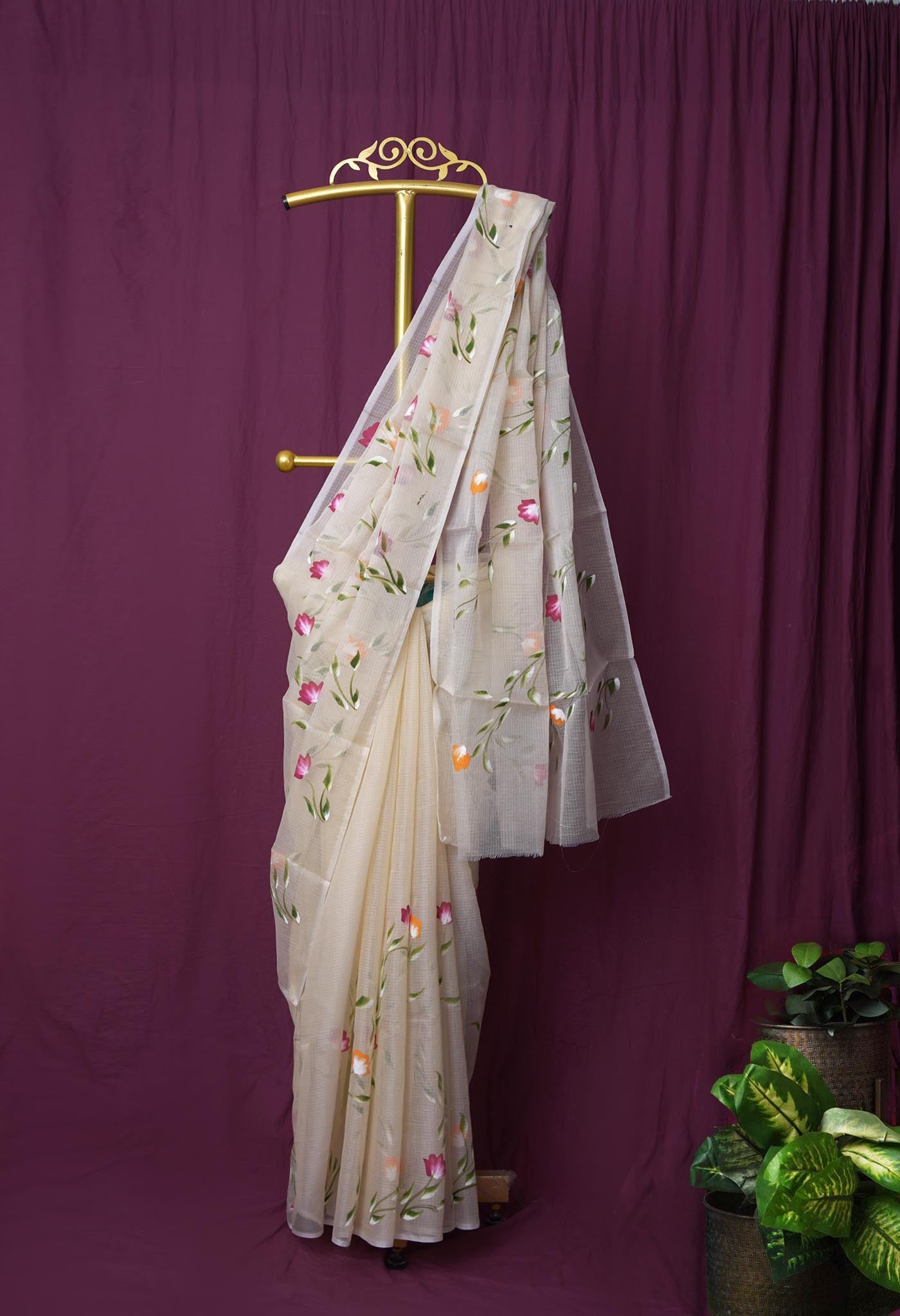 Cream Pure Hand Painted Doria Kota Saree-UNM83091