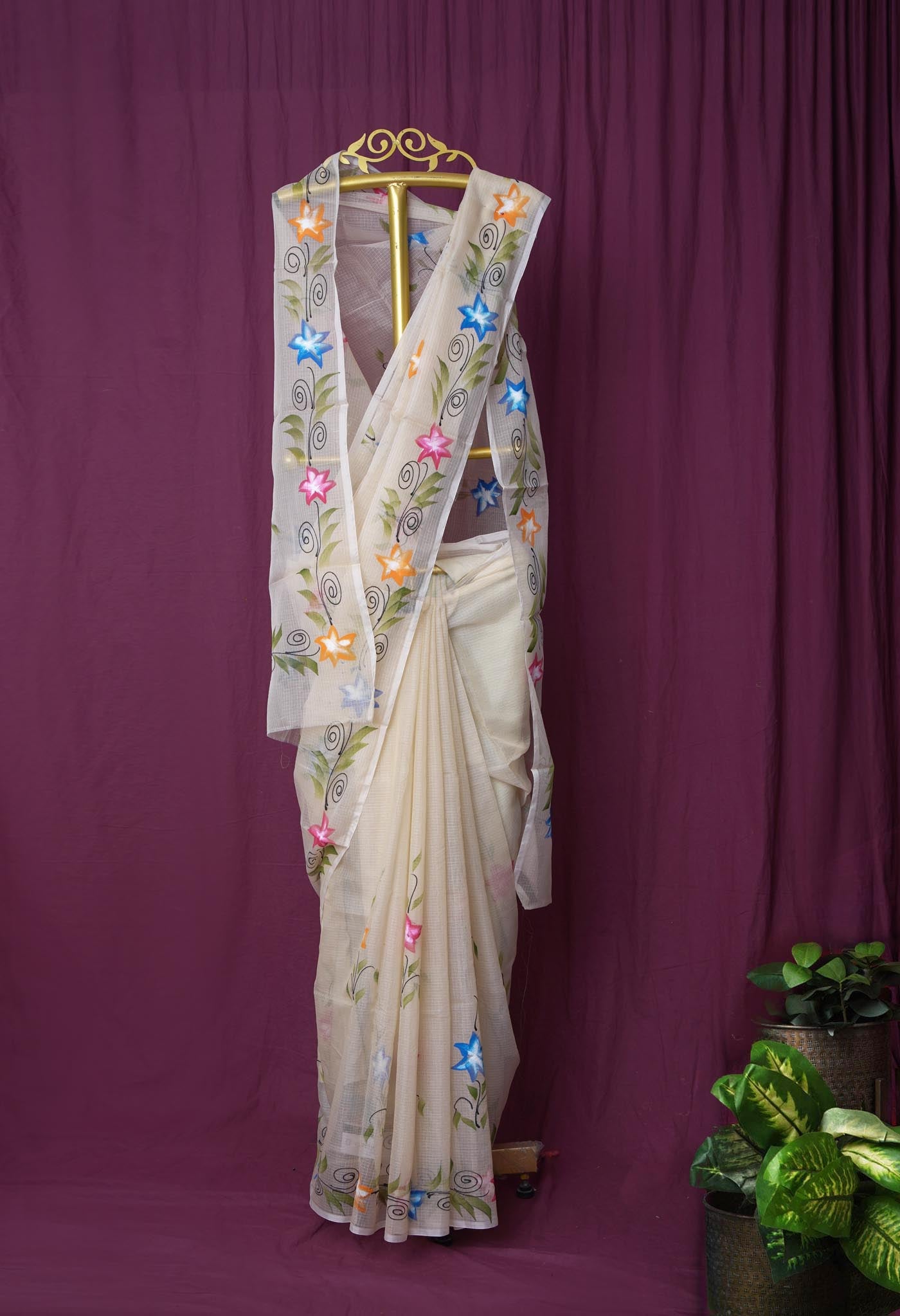 Cream Pure Hand Painted Doria Kota Saree-UNM83093