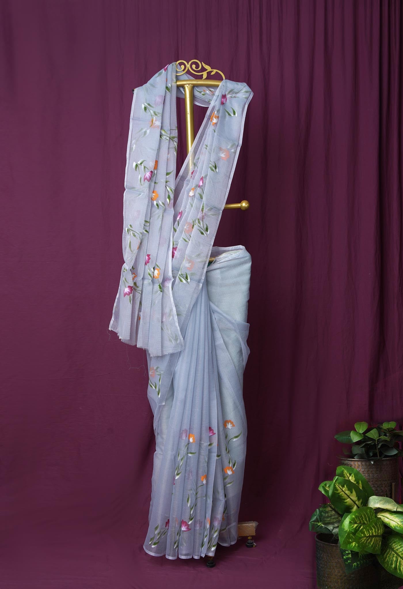 Grey Pure Hand Painted Doria Kota Saree-UNM83094
