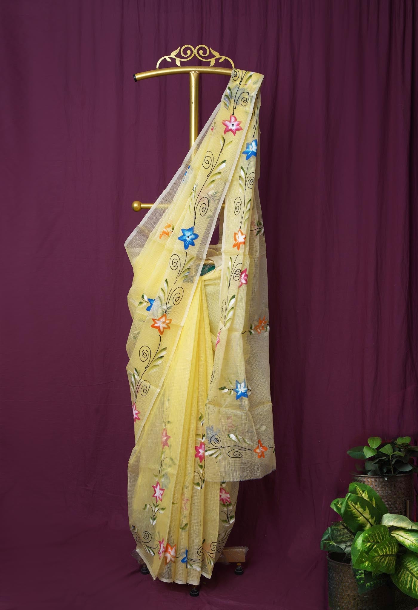 Yellow Pure Hand Painted Doria Kota Saree-UNM83097