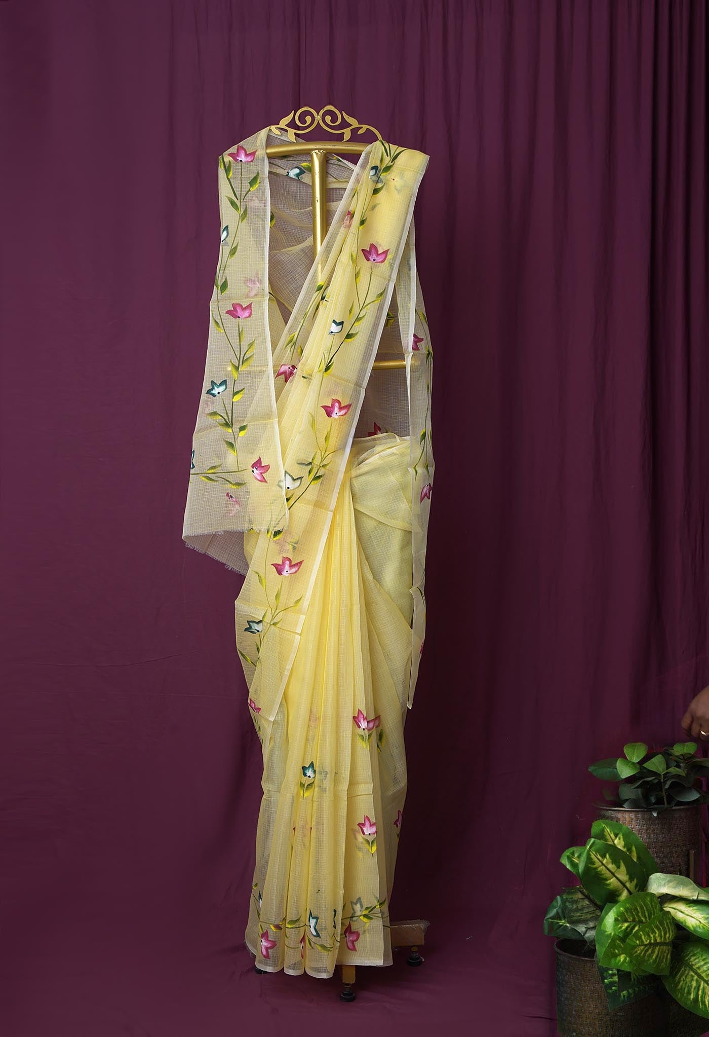 Yellow Pure Hand Painted Doria Kota Saree-UNM83100
