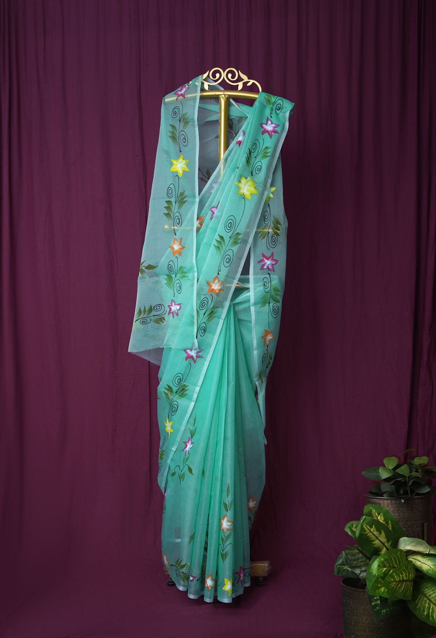 Turquoise Blue Pure Hand Painted Doria Kota Saree-UNM83101