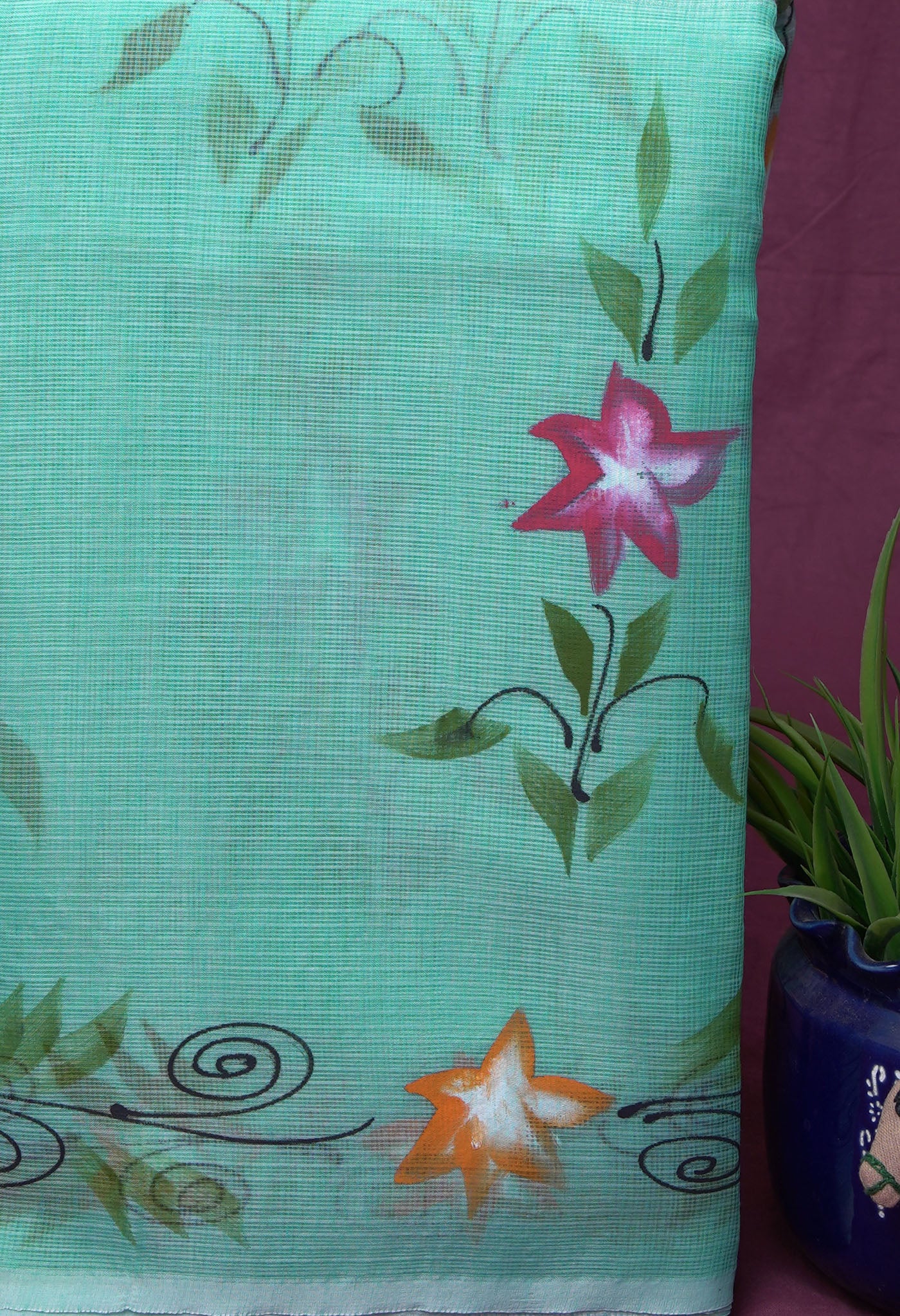 Turquoise Blue Pure Hand Painted Doria Kota Saree-UNM83101