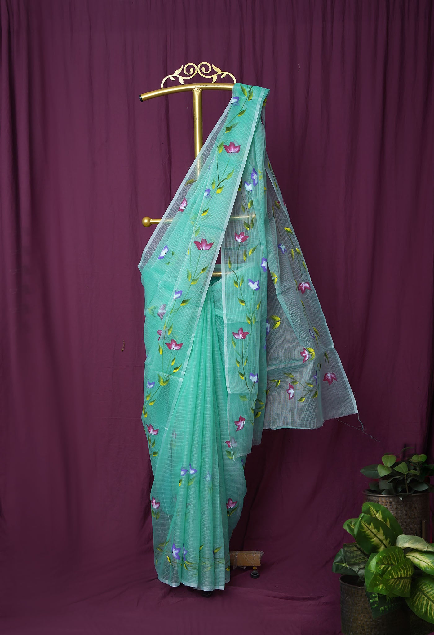 Turquoise Blue Pure Hand Painted Doria Kota Saree-UNM83106