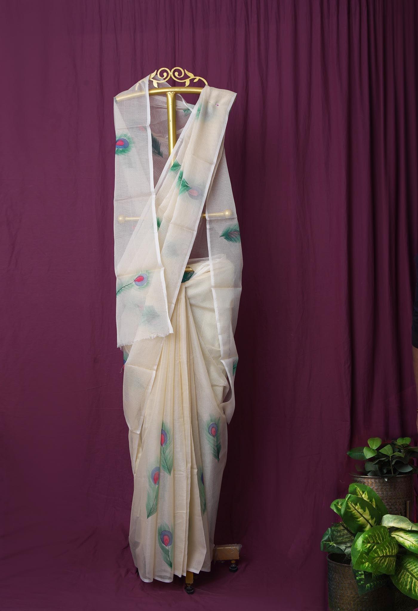 Cream Pure Hand Painted Doria Kota Saree-UNM83112