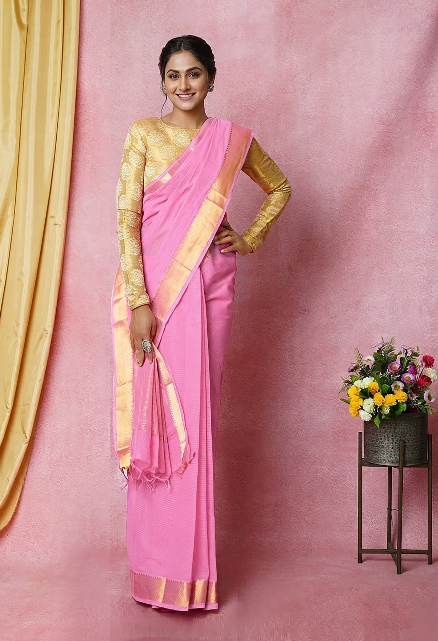 Baby Pink Pure Plain Pavani Mangalgiri Cotton Saree-UNM83178