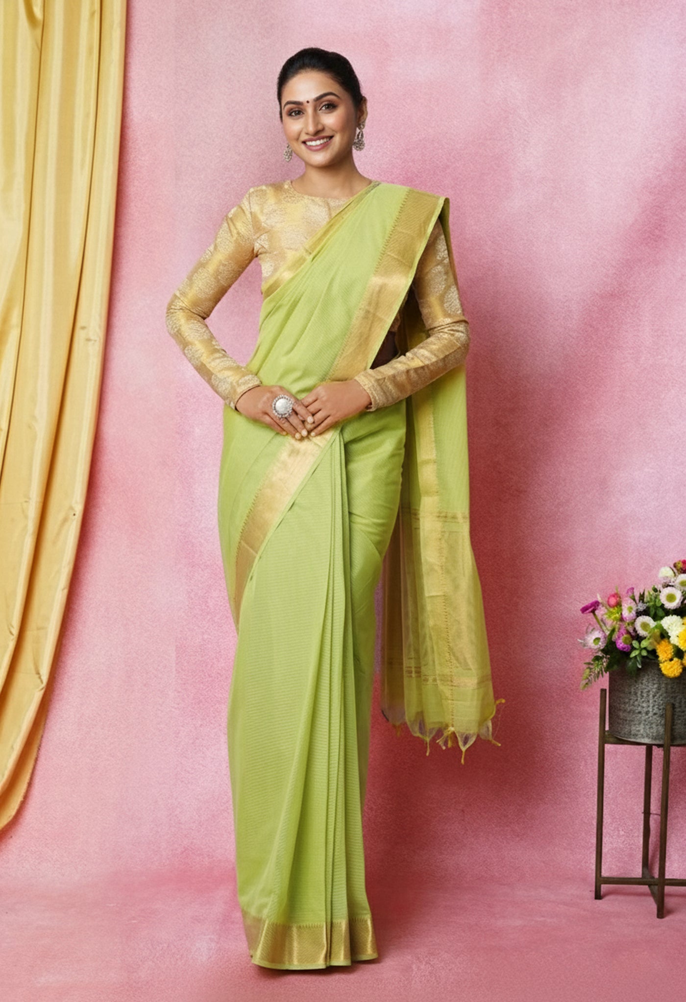 Light Pista Green Pure Plain Pavani Mangalgiri Cotton Saree-UNM83184