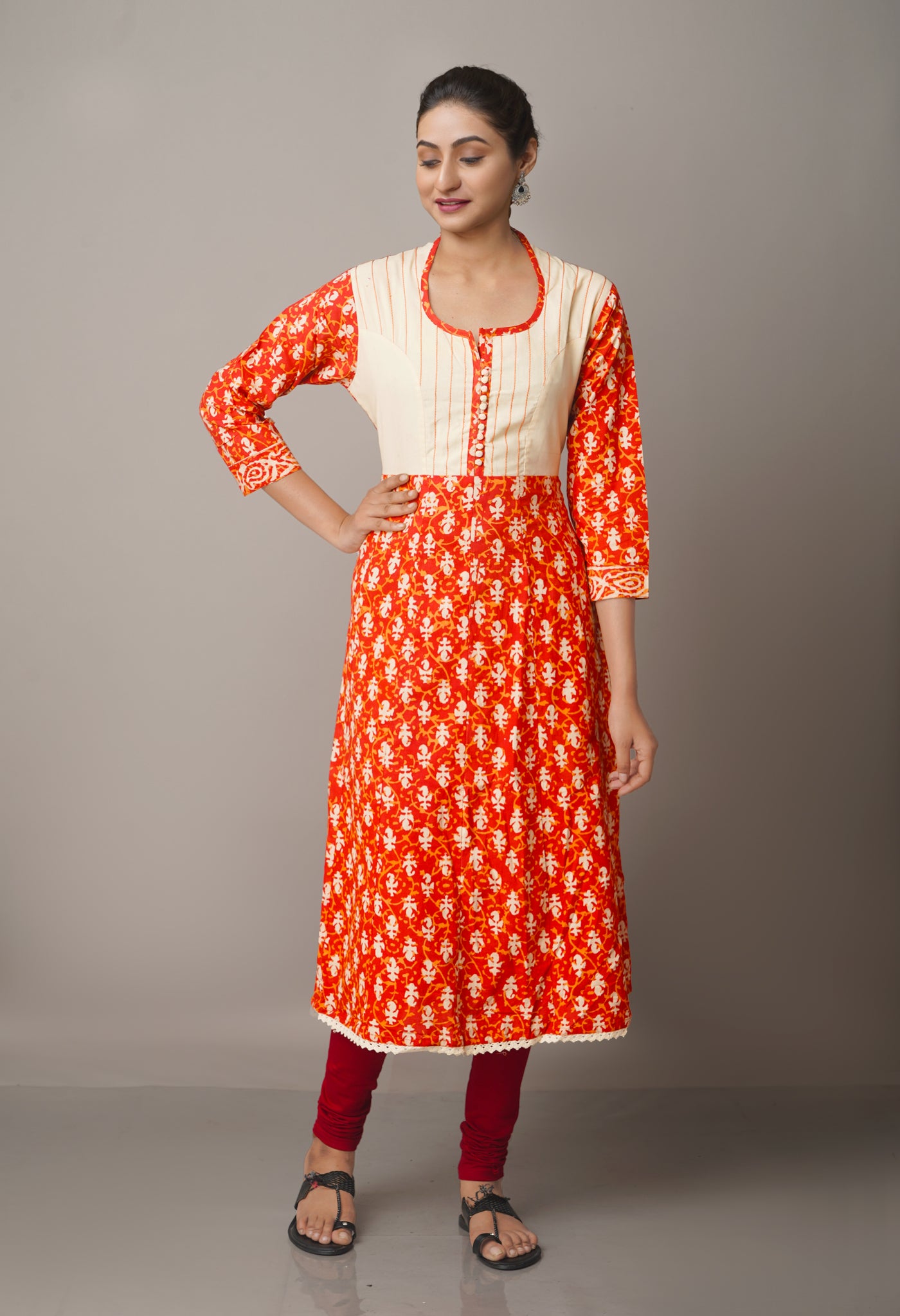 Red Rajasthani Cotton Dabu Printed Anarkali Kurta