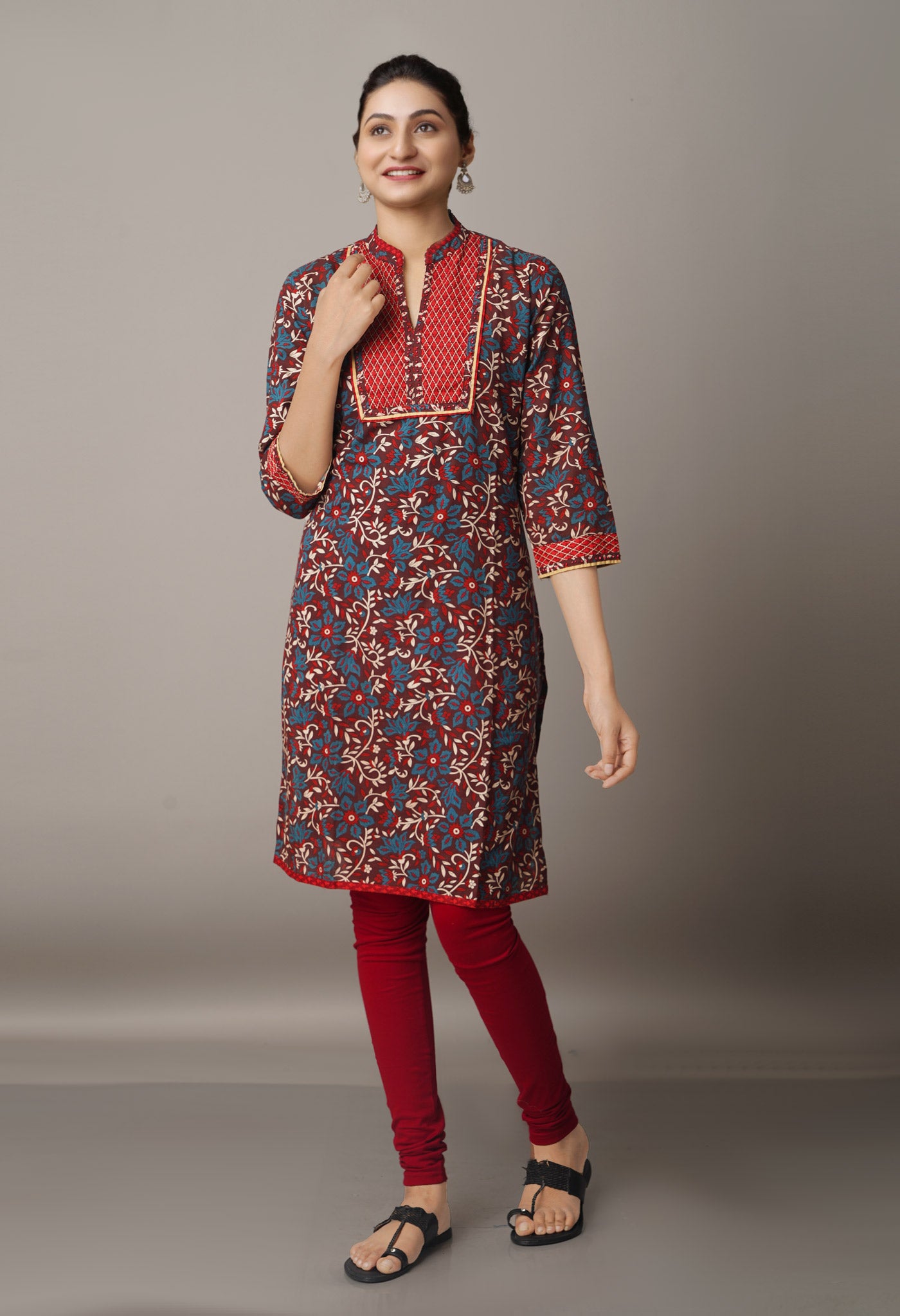 Dark Brown Pure Kalamkari Floral Printed Cotton Kurta-PKK1633-M