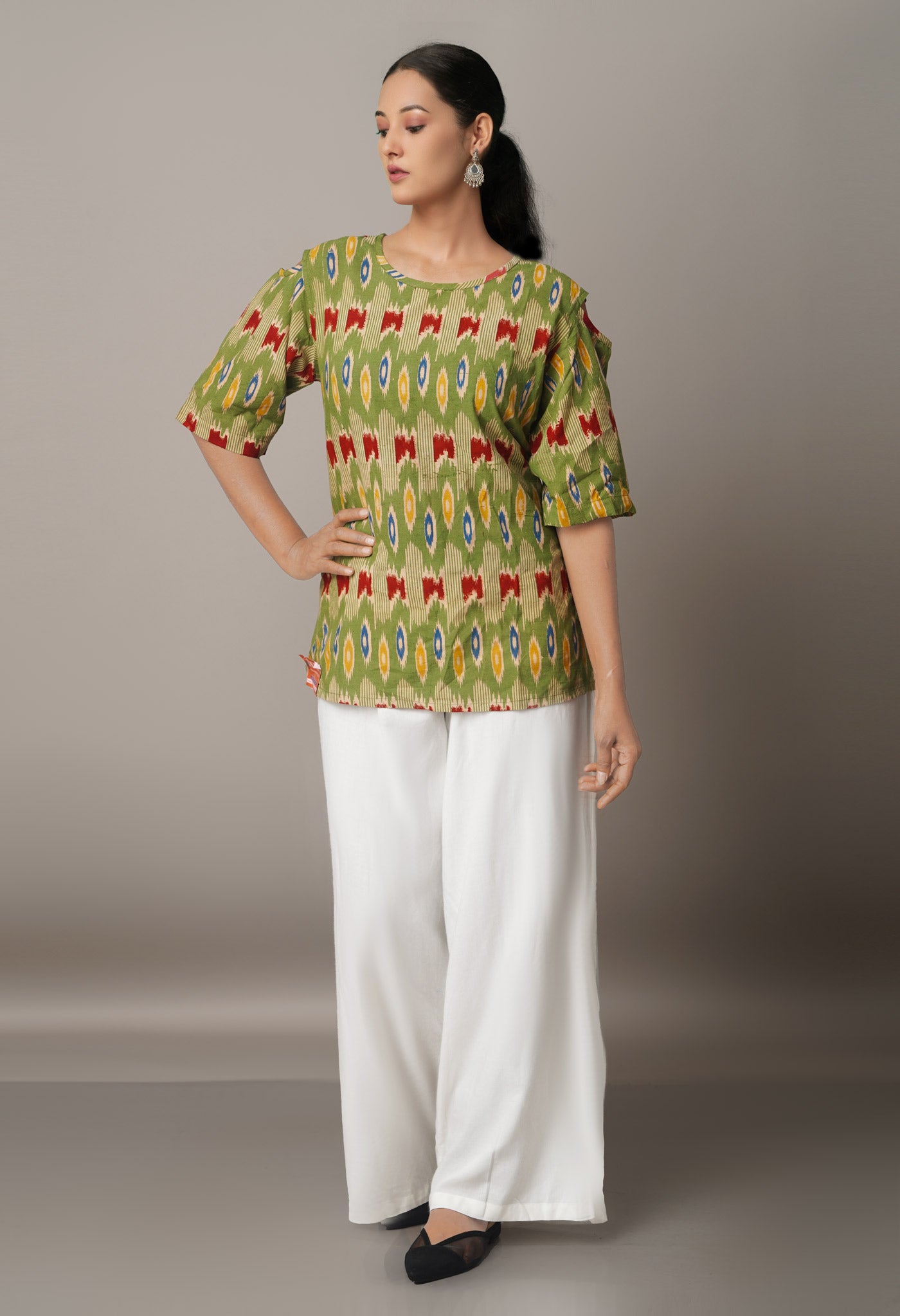 Green Pure Pochampally Cotton Cut Out Shoulder Kurti-PKK1739