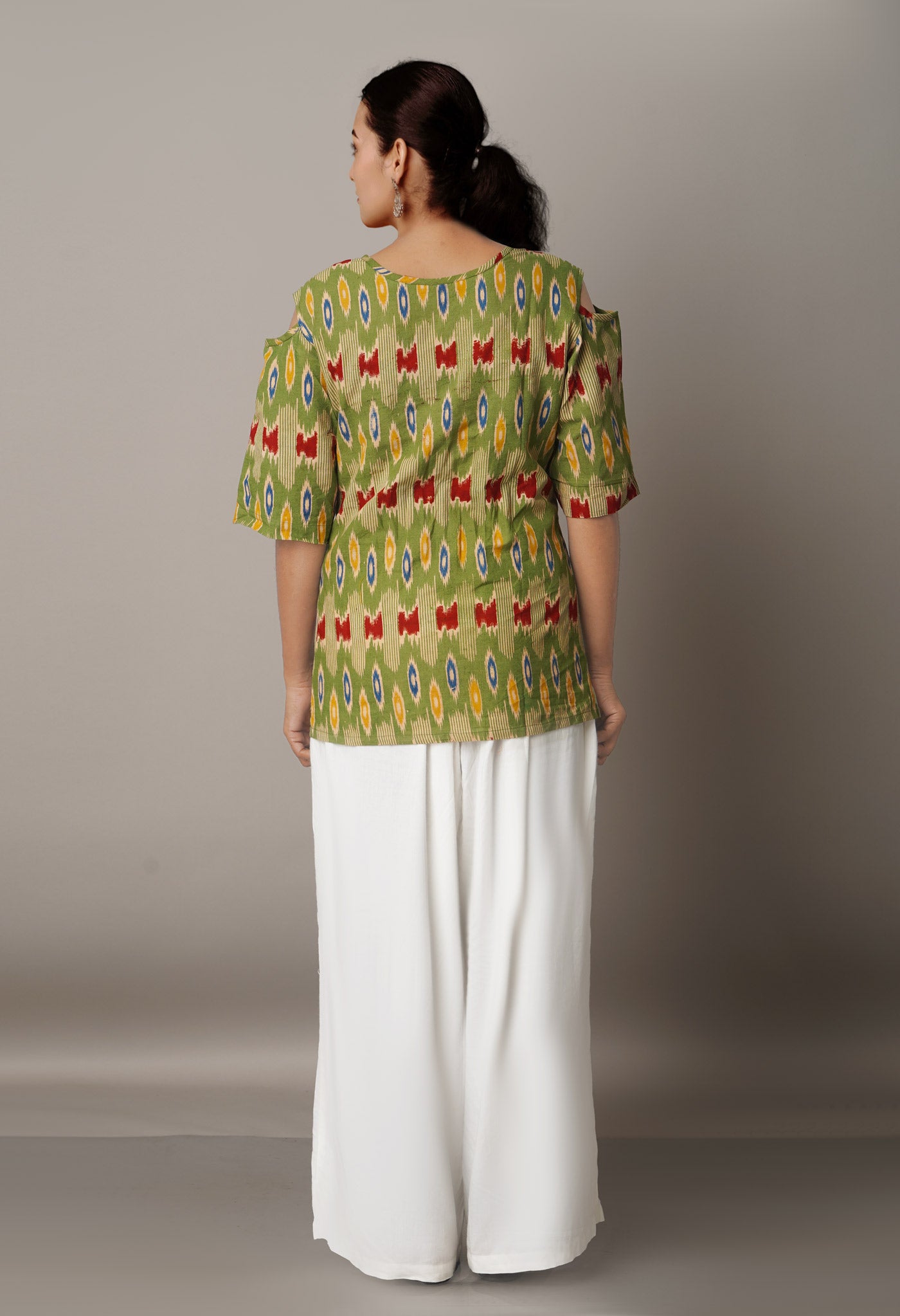 Green Pure Pochampally Cotton Cut Out Shoulder Kurti-PKK1739