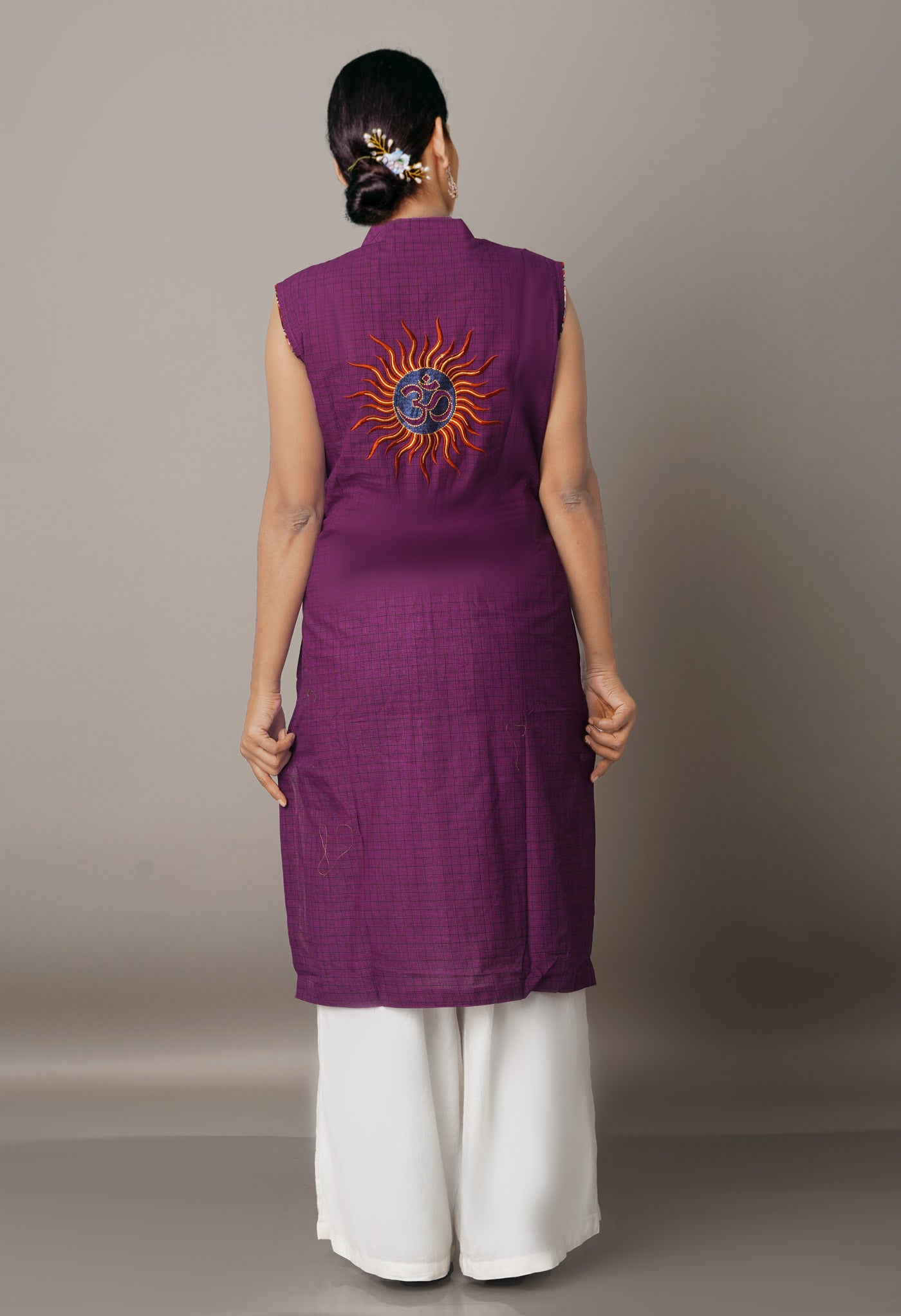 PKK463-Pracheen Kala Purple Cotton Kurta with Attachable Short Sleeves