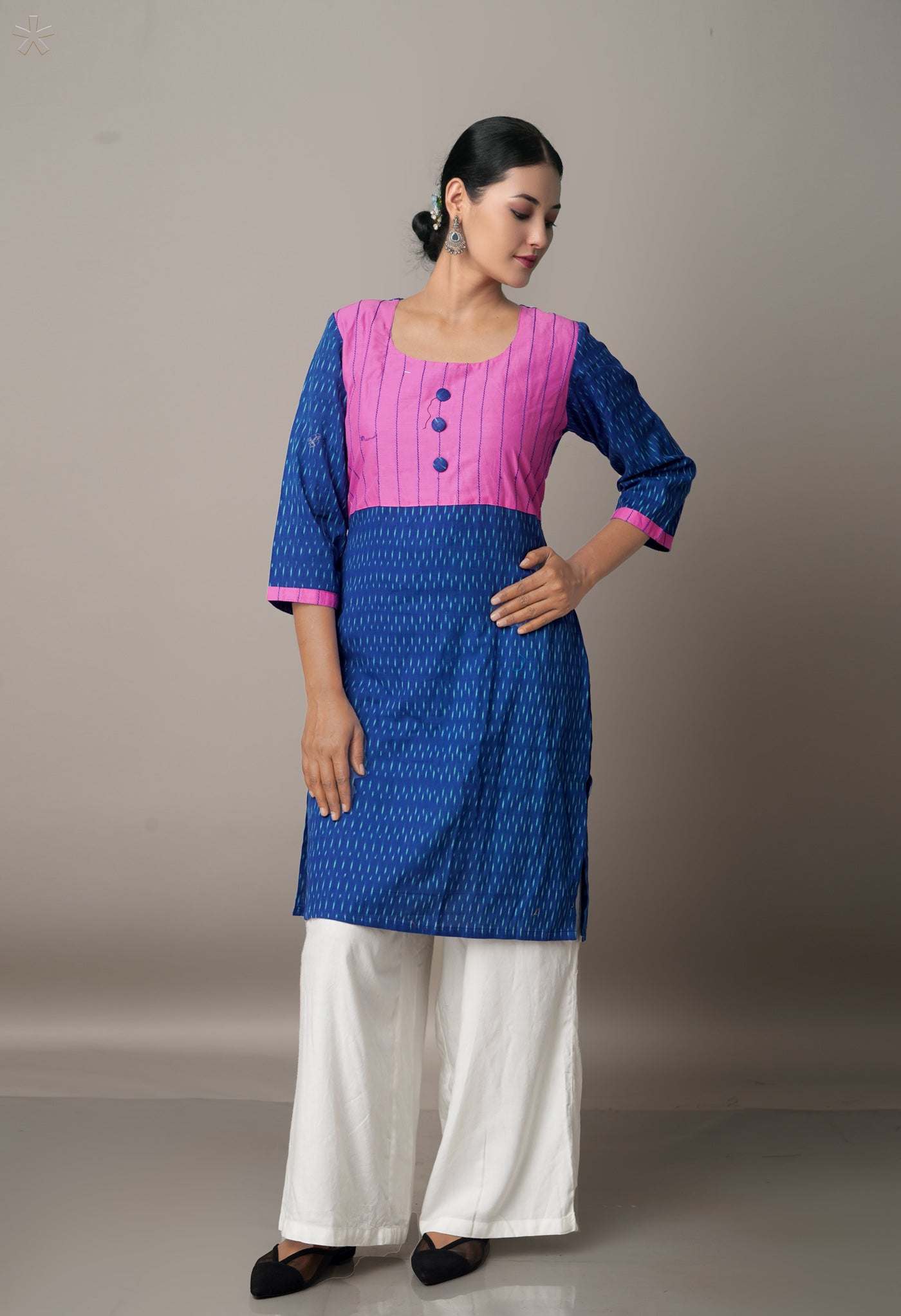 PKK1582-Navy Blue Sloka Weaves Pochampally Handloom Cotton Ikkat Woven Anarkali Kurta