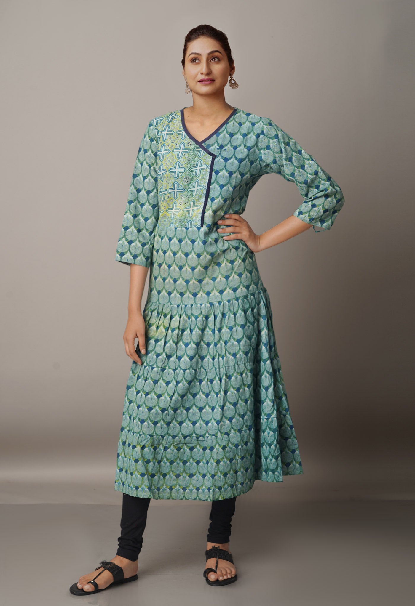 Green-Blue Pure Block Printed Cotton Long Kurta-PKK1642