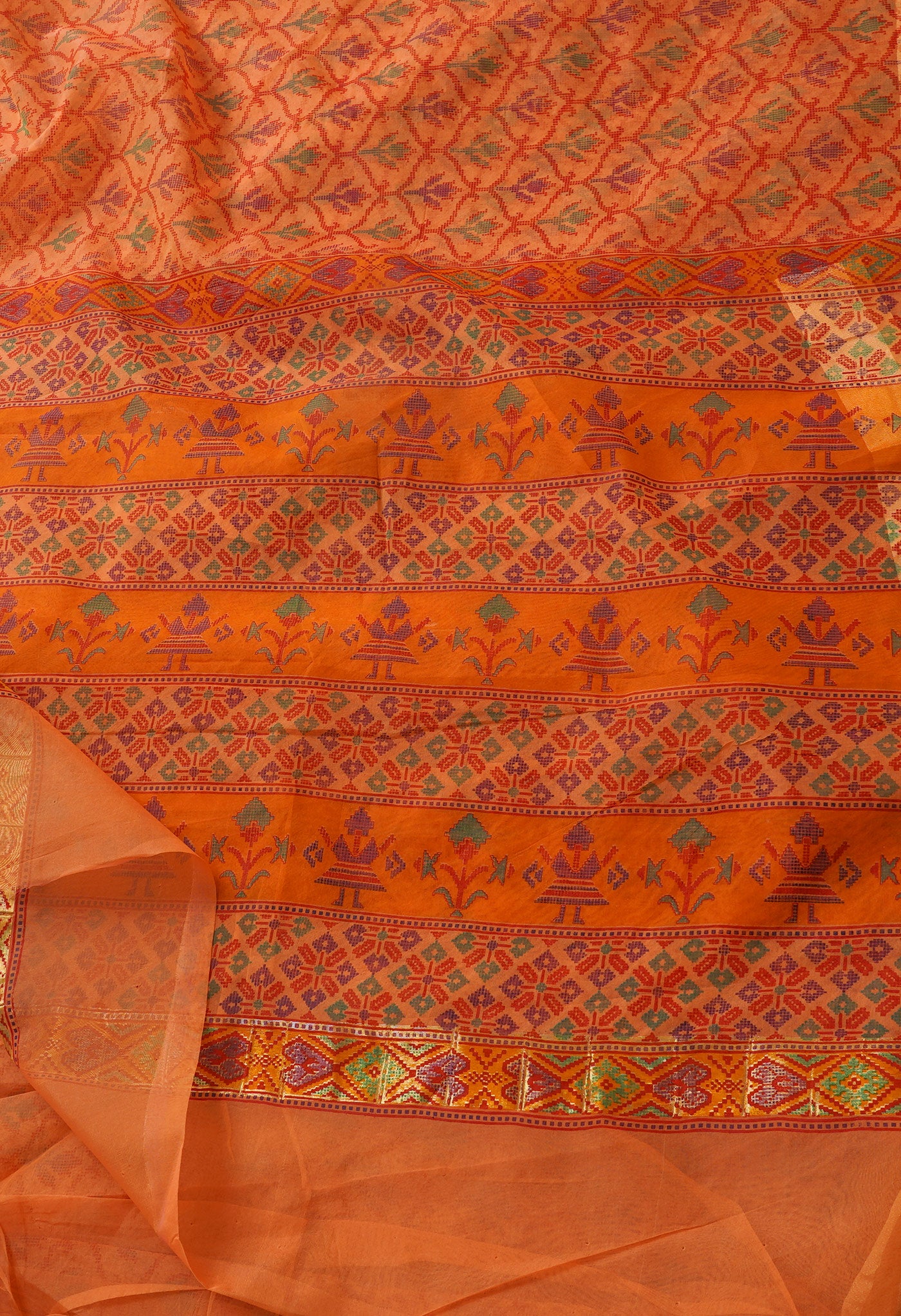 Orange Screen Printed Organza Saree
