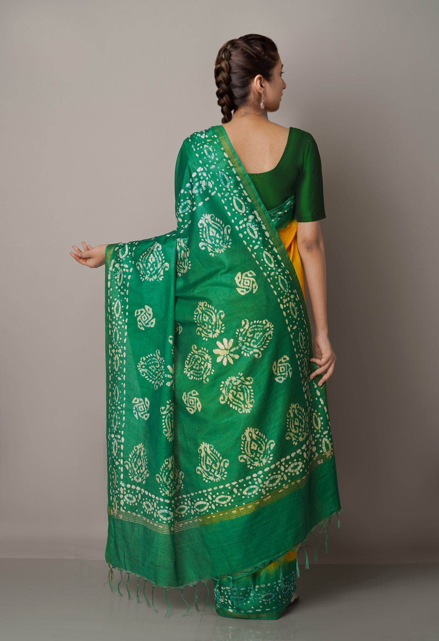 Yellow-Green Pure Batik Chanderi  Silk Saree-UNM67233