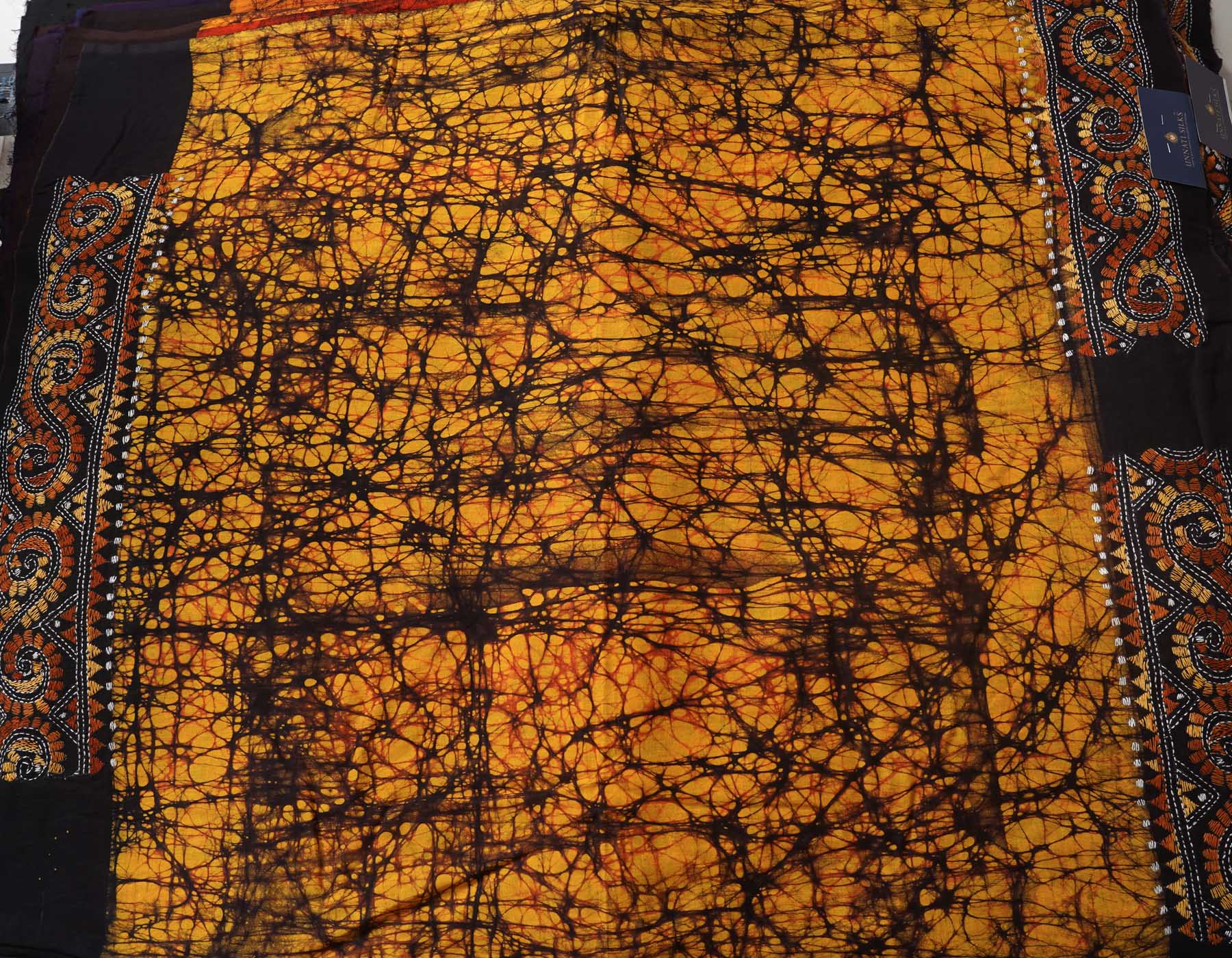 Yellow Pure Batik Kantha Work Cotton Blouse Fabric (1MTR)-KTR1479