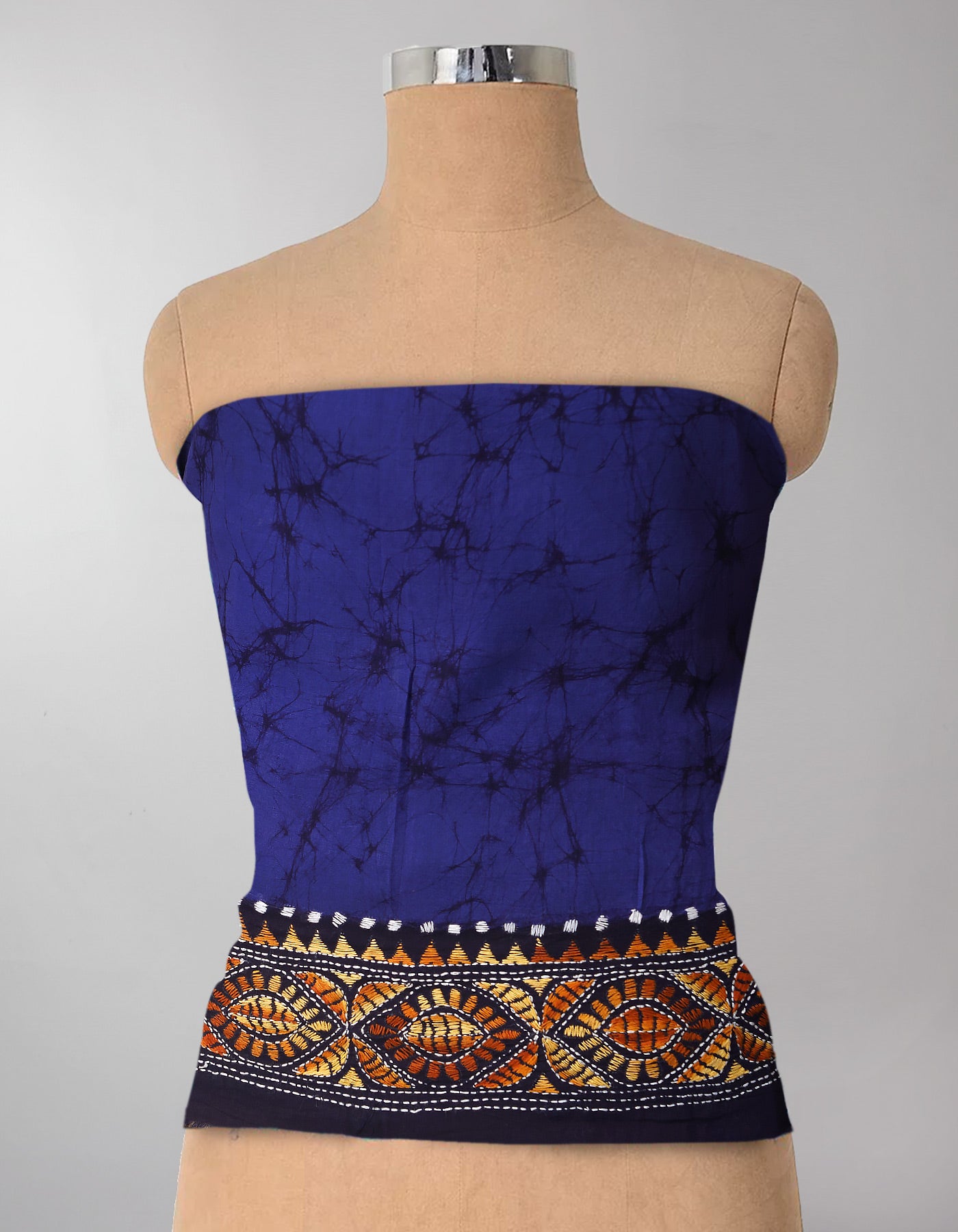Blue Pure Batik Kantha Work Cotton Blouse Fabric (1MTR)-KTR1482