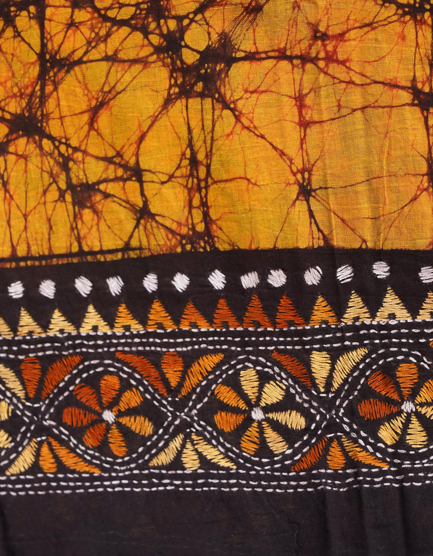 Yellow Pure Batik Kantha Work Cotton Blouse Fabric (1MTR)-KTR1483