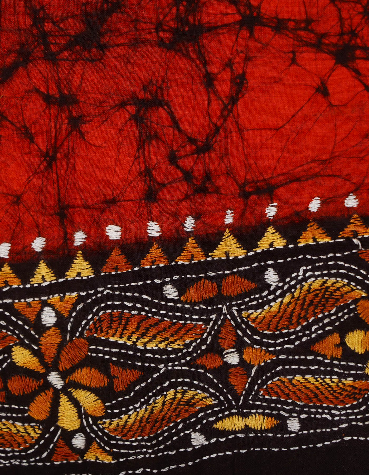 Orange Pure Batik Kantha Work Cotton Blouse Fabric (1MTR)-KTR1493