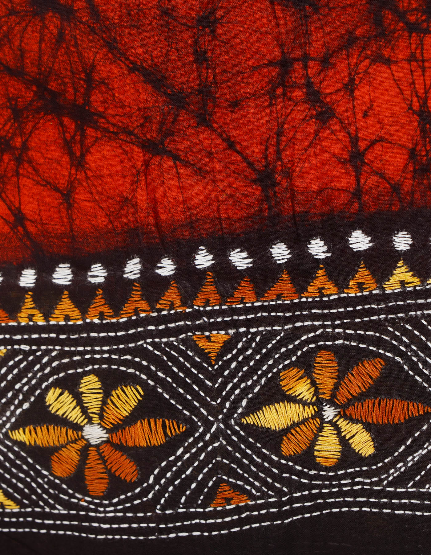 Orange Pure Batik Kantha Work Cotton Blouse Fabric (1MTR)-KTR1496