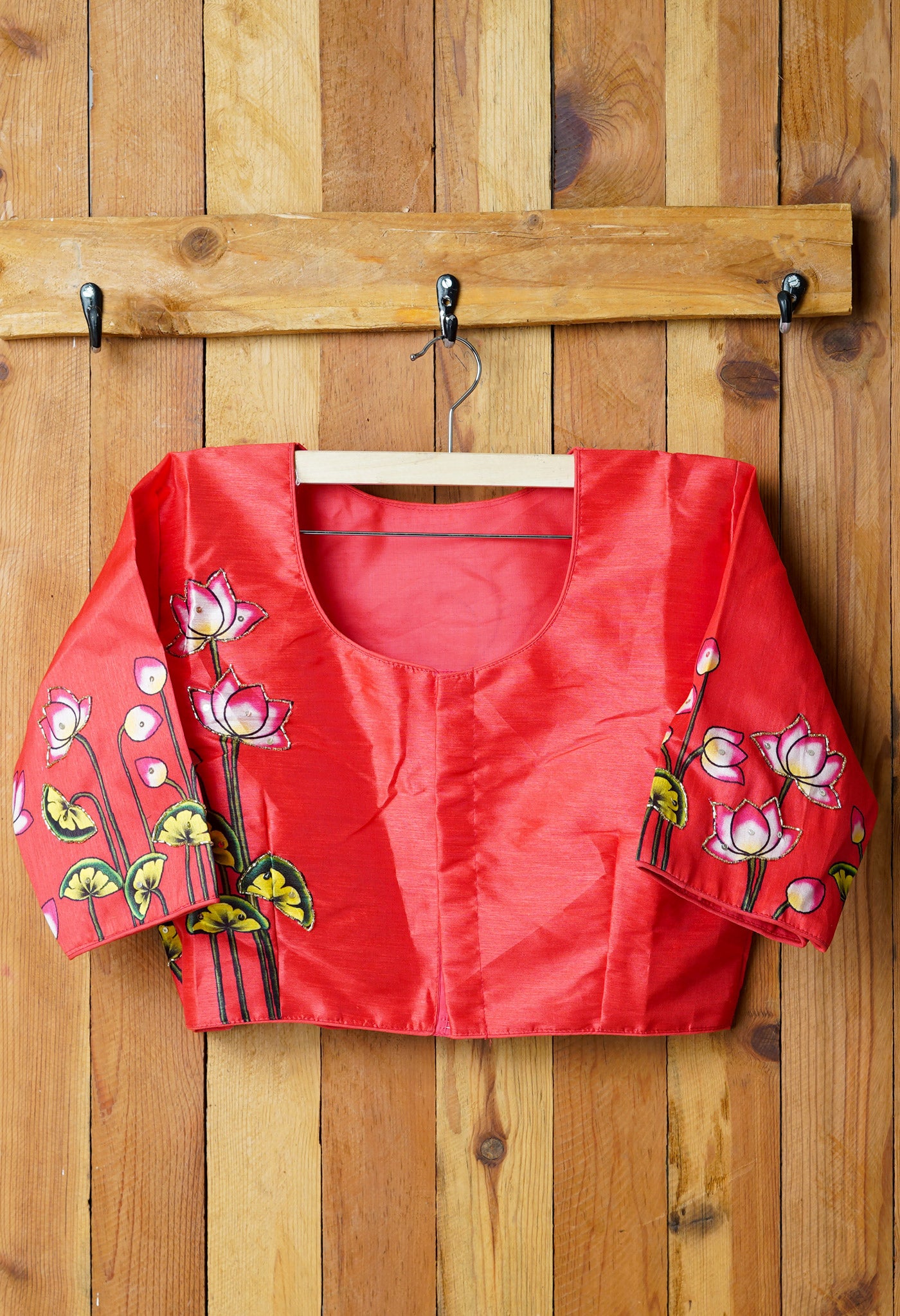 Red Hand Printed with Embroidery Silk Readymade Blouse (42 Size +2inch Margin)-PKB385