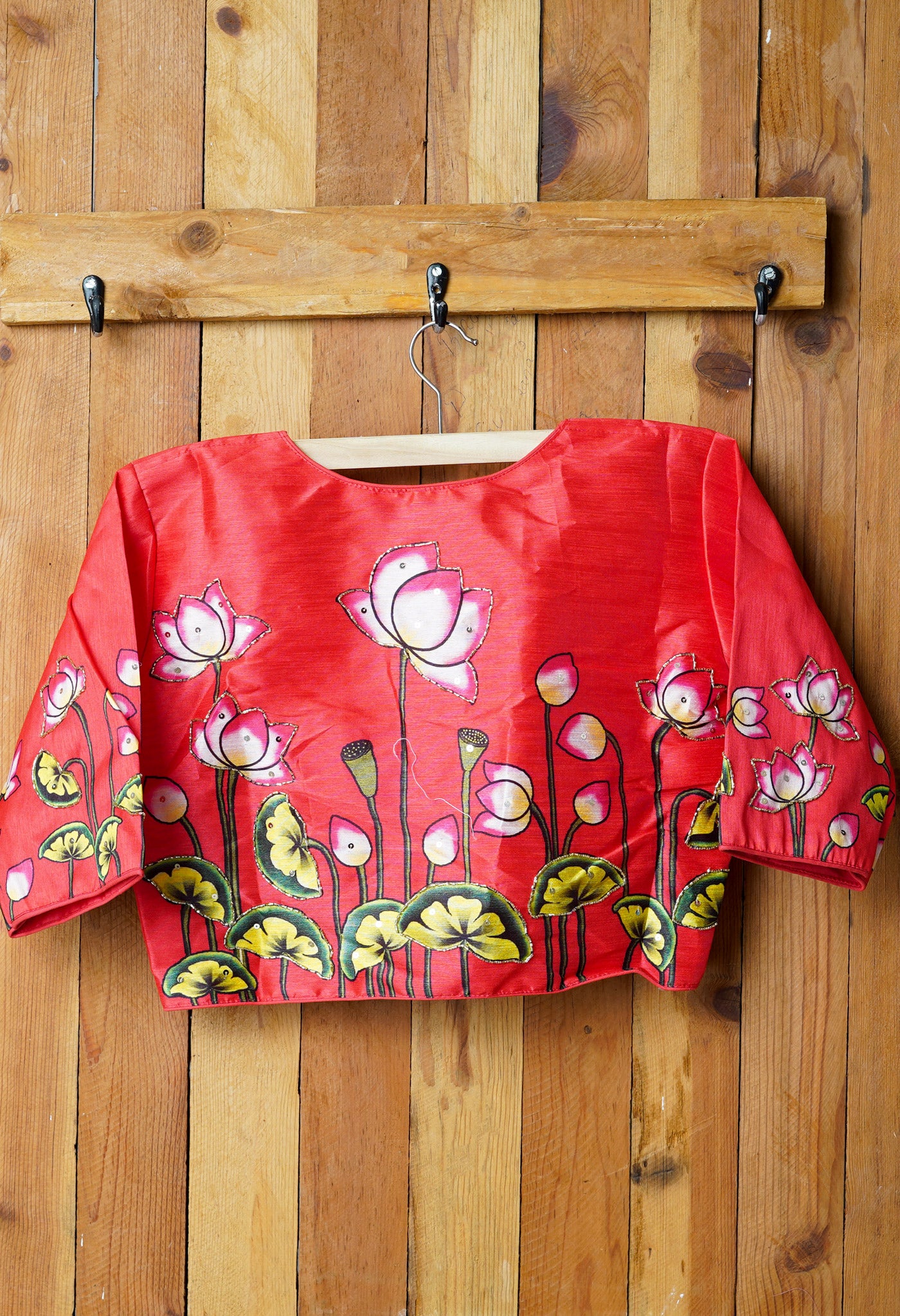 Red Hand Printed with Embroidery Silk Readymade Blouse (42 Size +2inch Margin)-PKB385