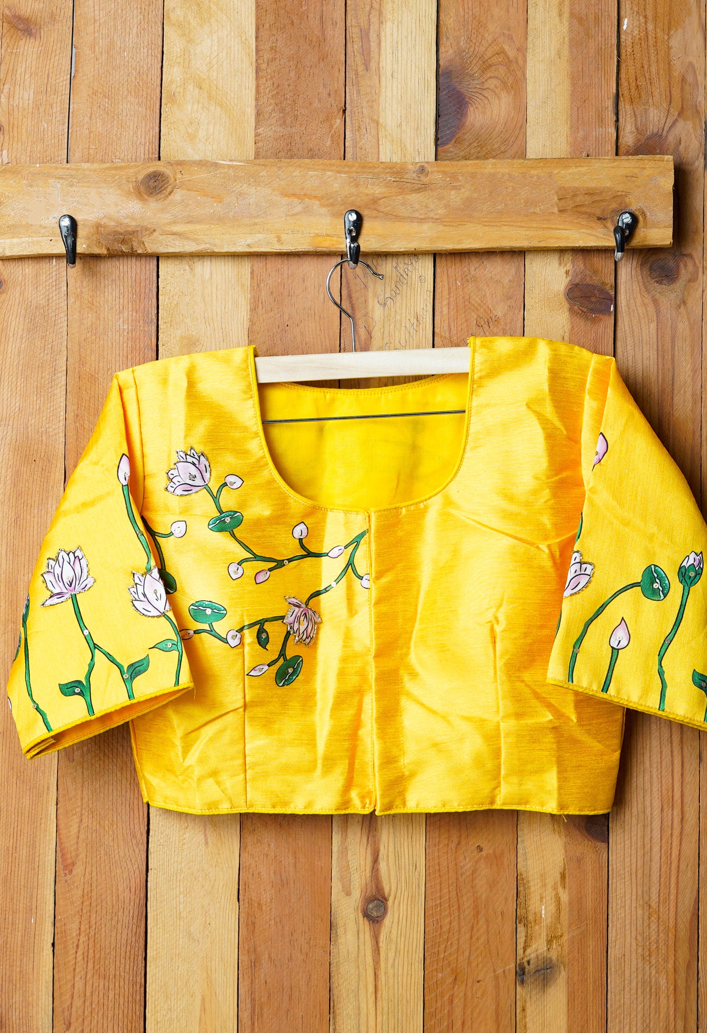Lemon Yellow Hand Printed with Embroidery Silk Readymade Blouse-PKB386