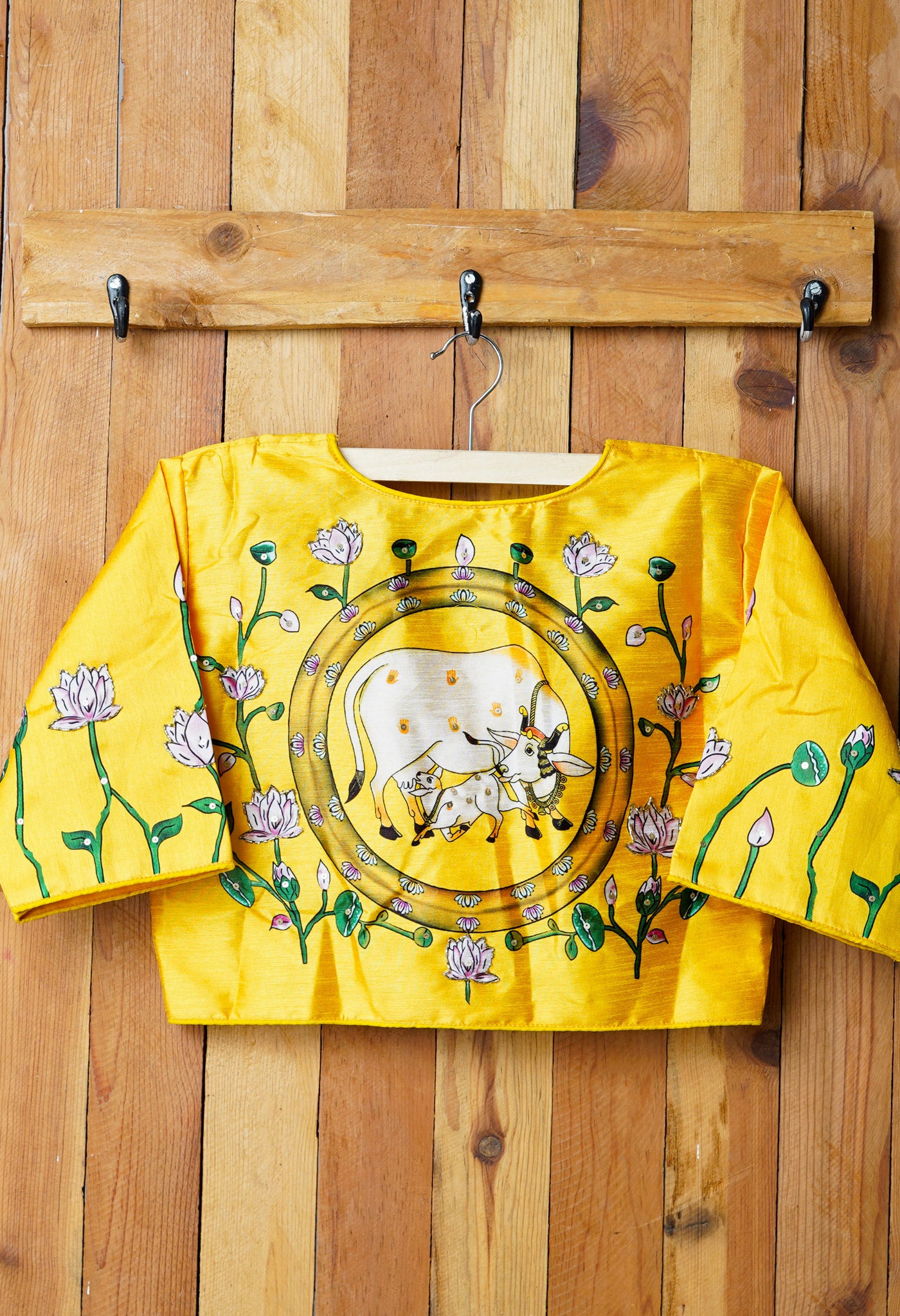 Lemon Yellow Hand Printed with Embroidery Silk Readymade Blouse (42 Size +2inch Margin)-PKB386