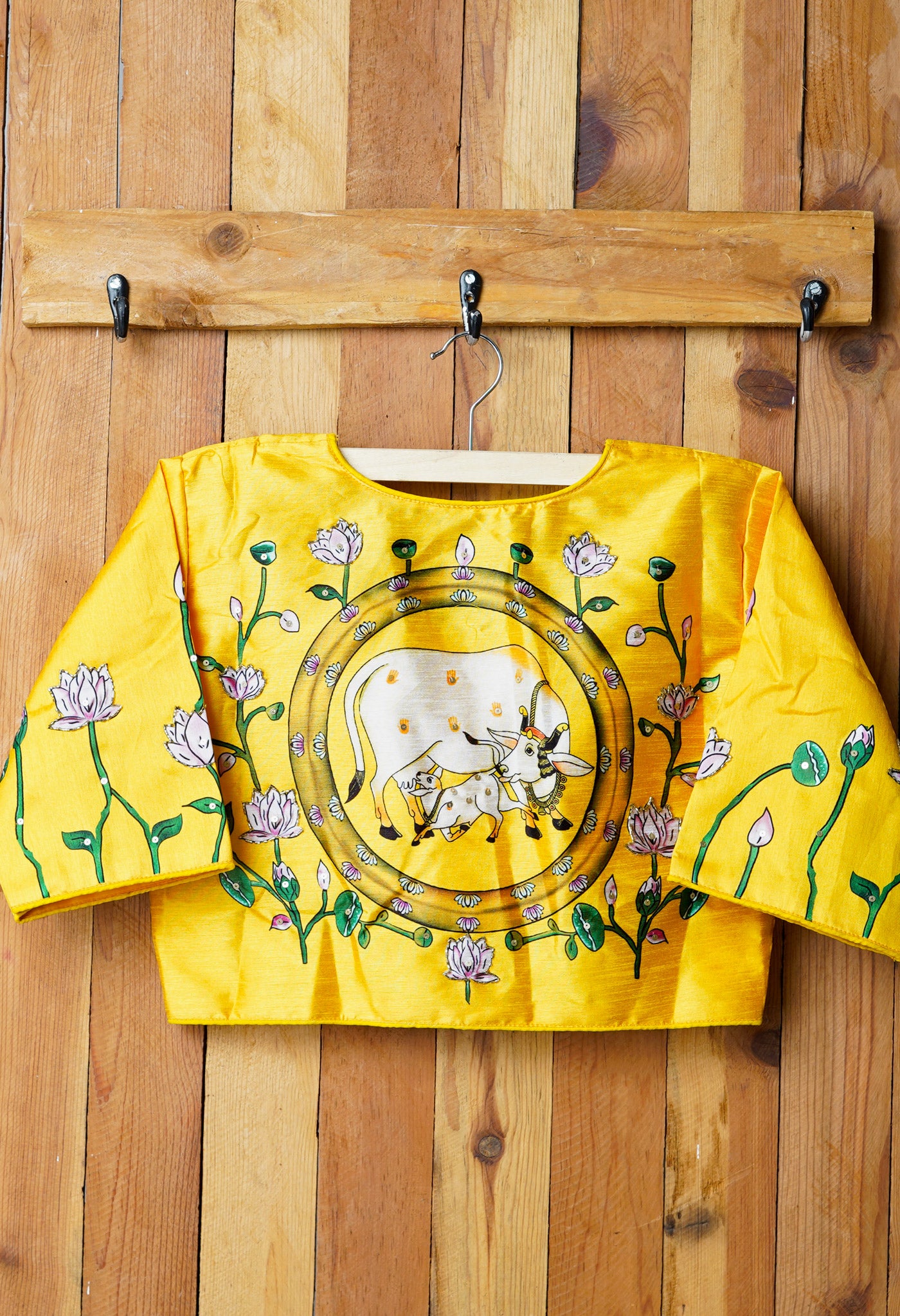 Lemon Yellow Hand Printed with Embroidery Silk Readymade Blouse-PKB386