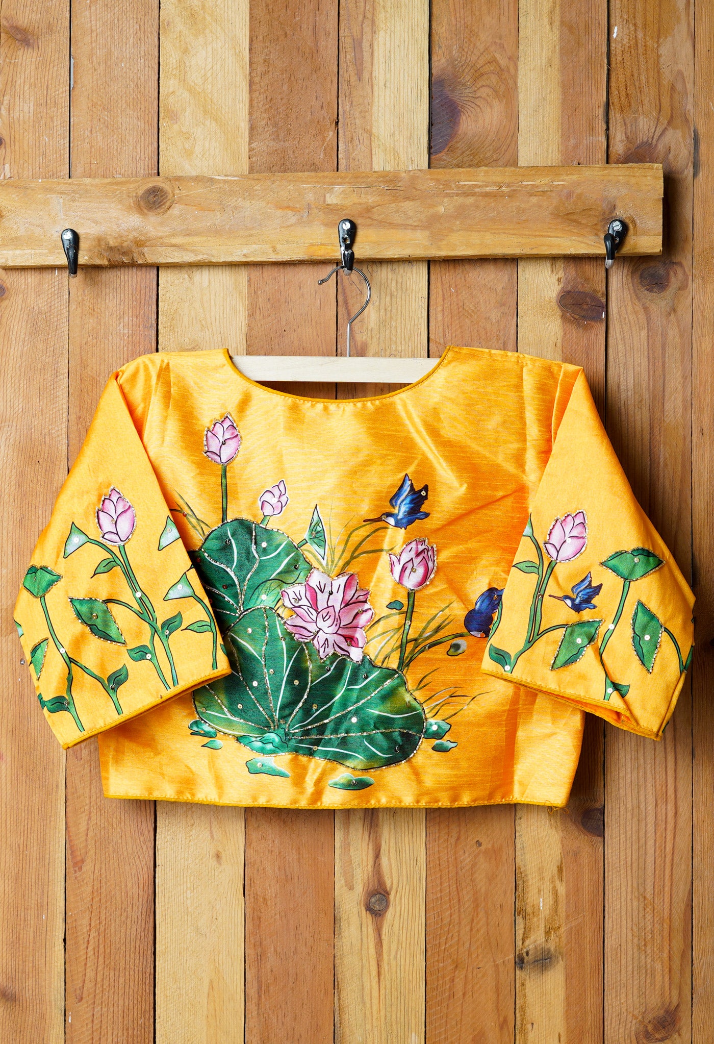 Yellow Hand Printed with Embroidery Silk Readymade Blouse (42 Size +2inch Margin)-PKB387