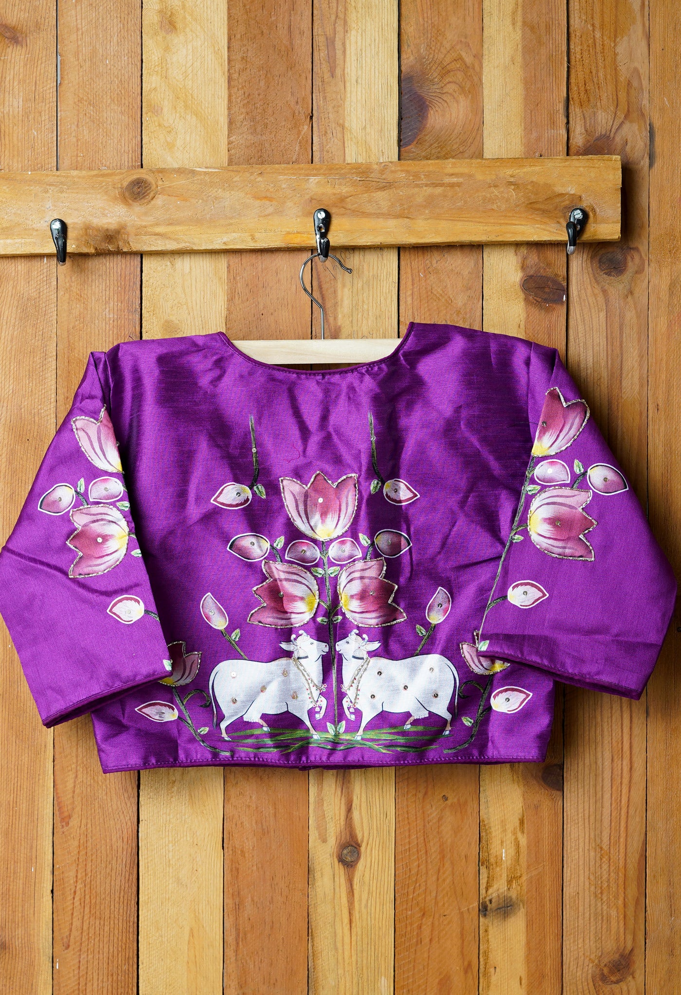 Purple Hand Printed with Embroidery Silk Readymade Blouse (42 Size +2inch Margin)-PKB388