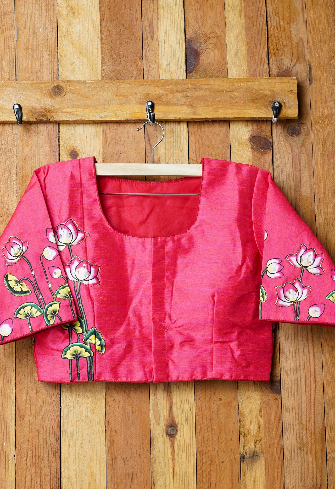 Peach Red Hand Printed with Embroidery Silk Readymade Blouse (42 Size +2inch Margin)-PKB389