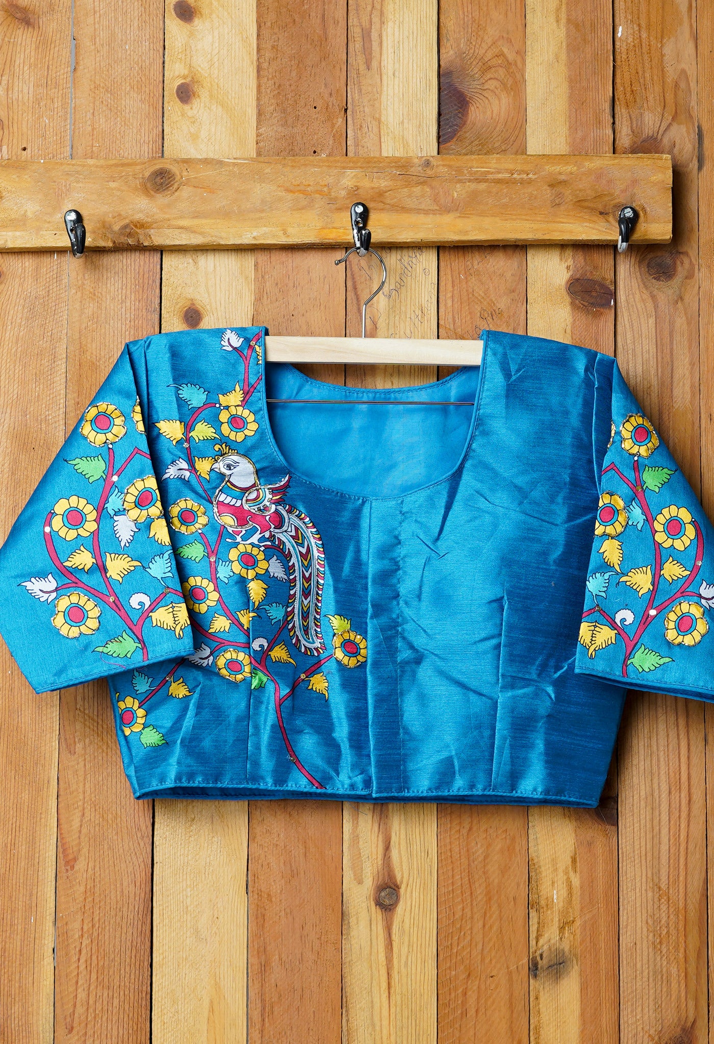 Blue Hand Printed with Embroidery Silk Readymade Blouse (42 Size +2inch Margin)-PKB392