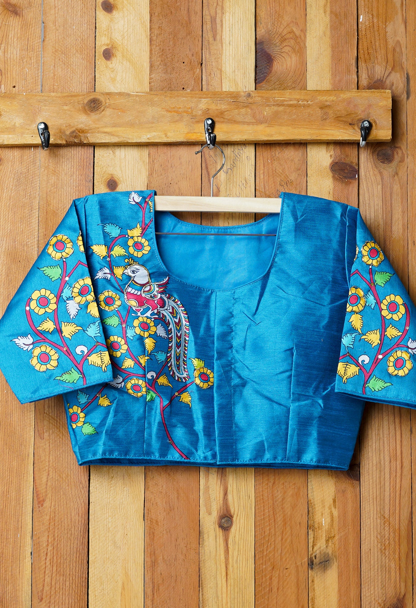 Blue Hand Printed with Embroidery Silk Readymade Blouse-PKB392