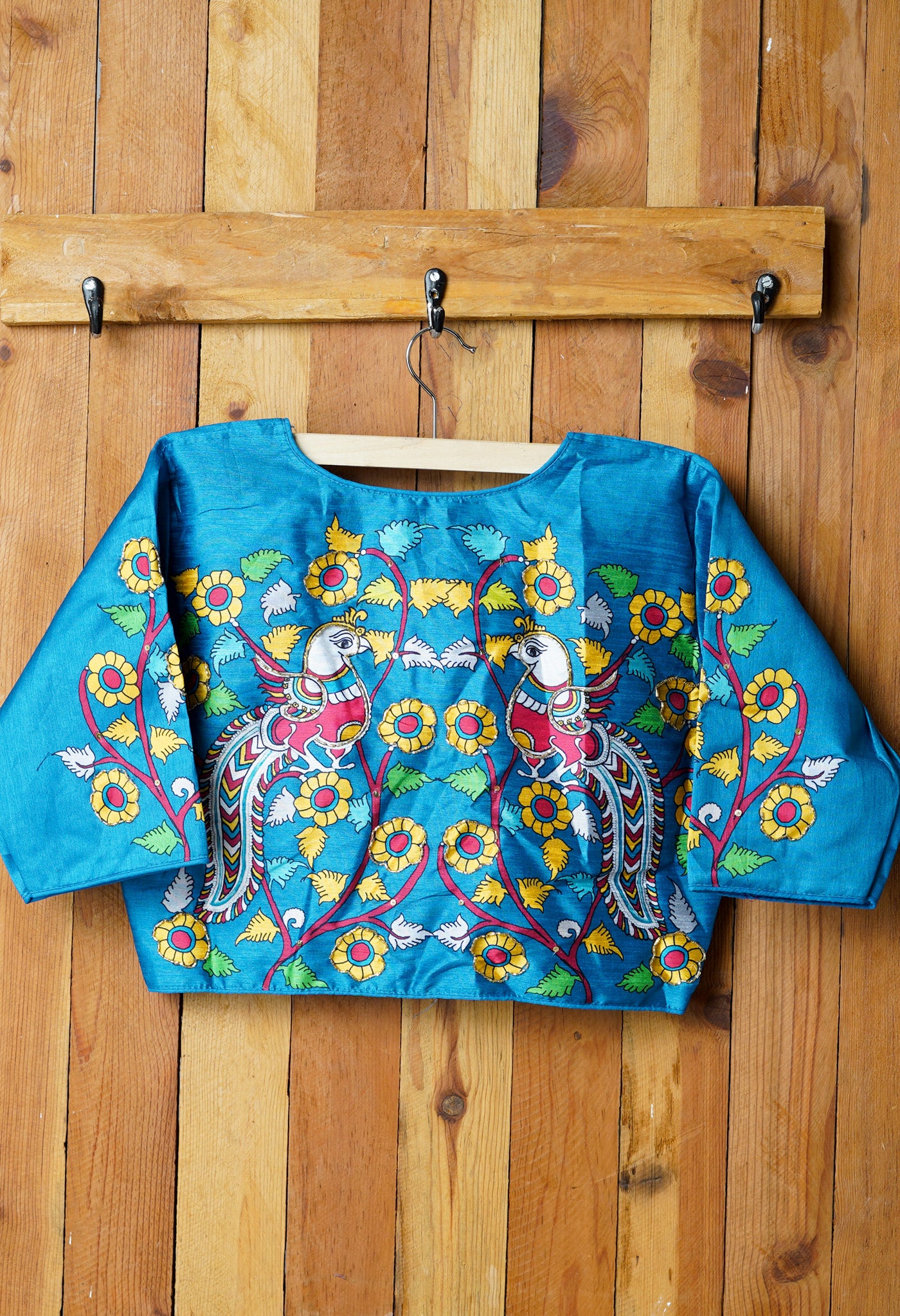 Blue Hand Printed with Embroidery Silk Readymade Blouse-PKB392