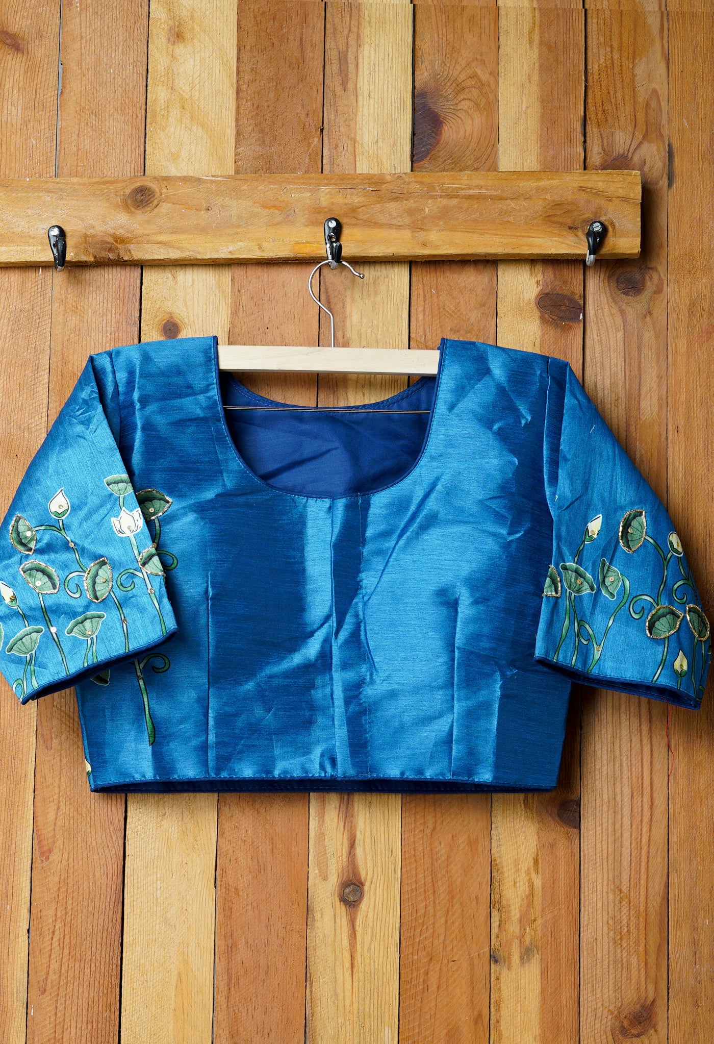 Blue Hand Printed with Embroidery Silk Readymade Blouse (42 Size +2inch Margin)-PKB394