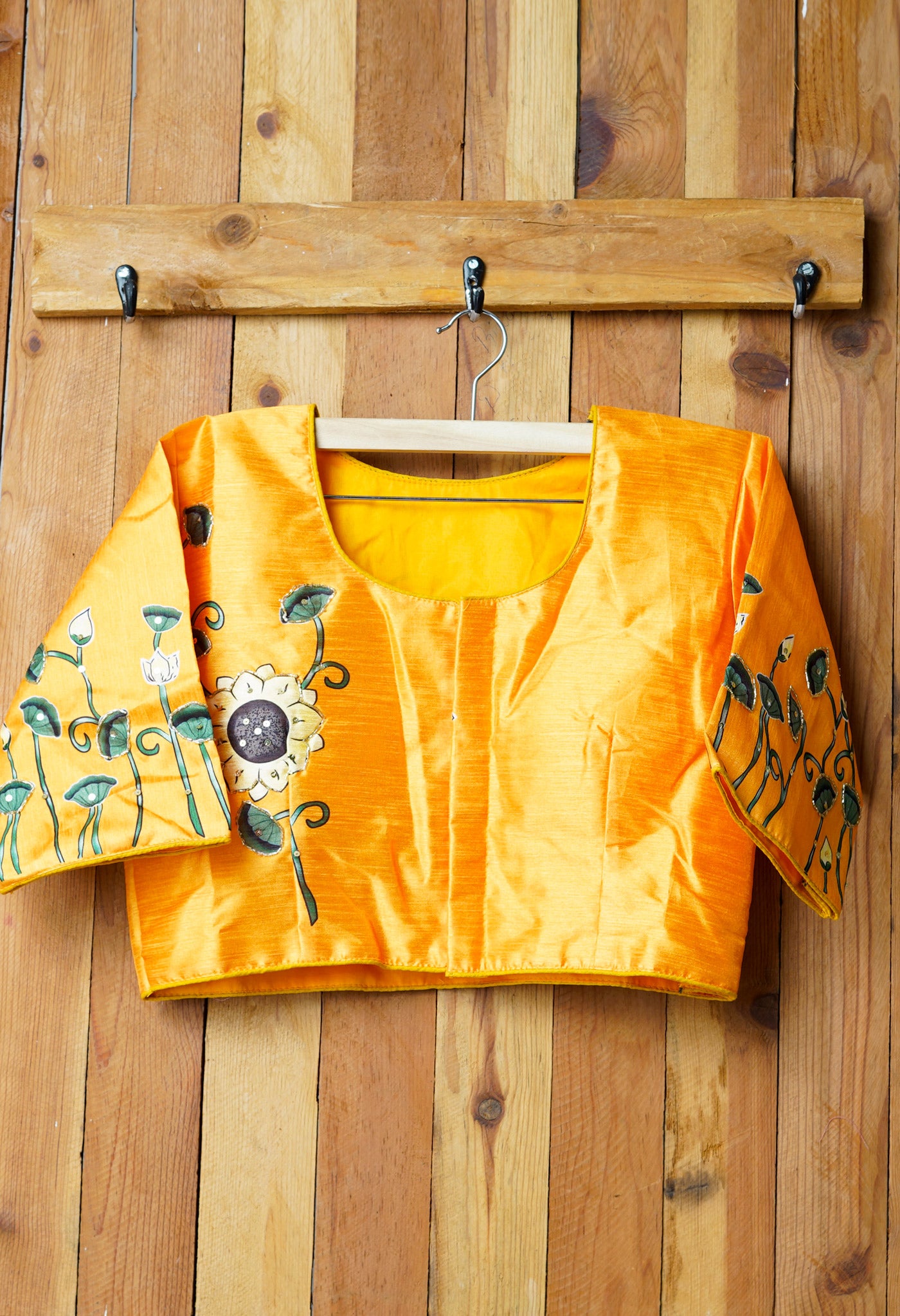 Yellow Hand Printed with Embroidery Silk Readymade Blouse (42 Size +2inch Margin)-PKB397