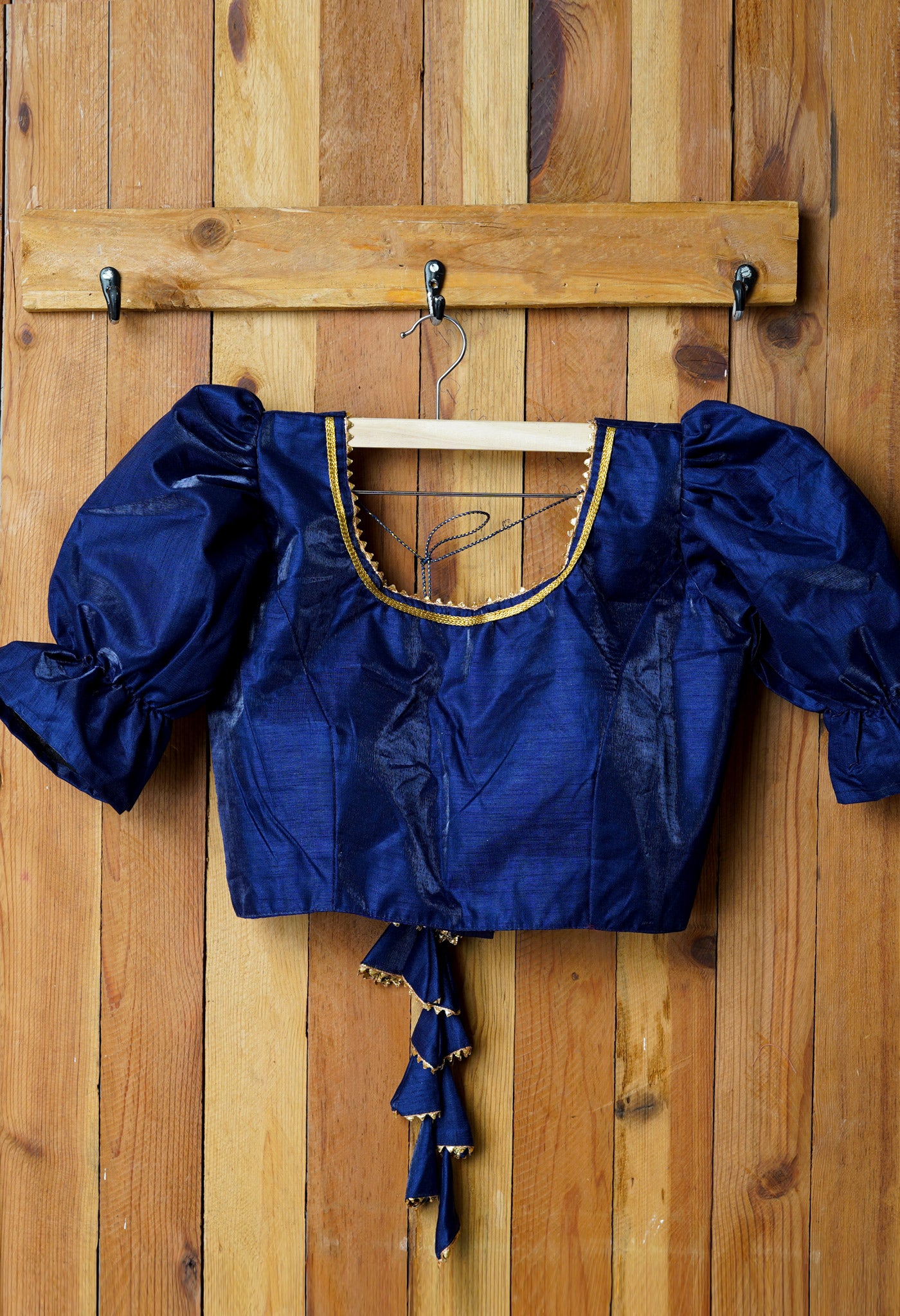 Navy Blue Plain with Lace piping Cotton Silk Readymade Blouse (42 Size +2inch Margin)-PKB409