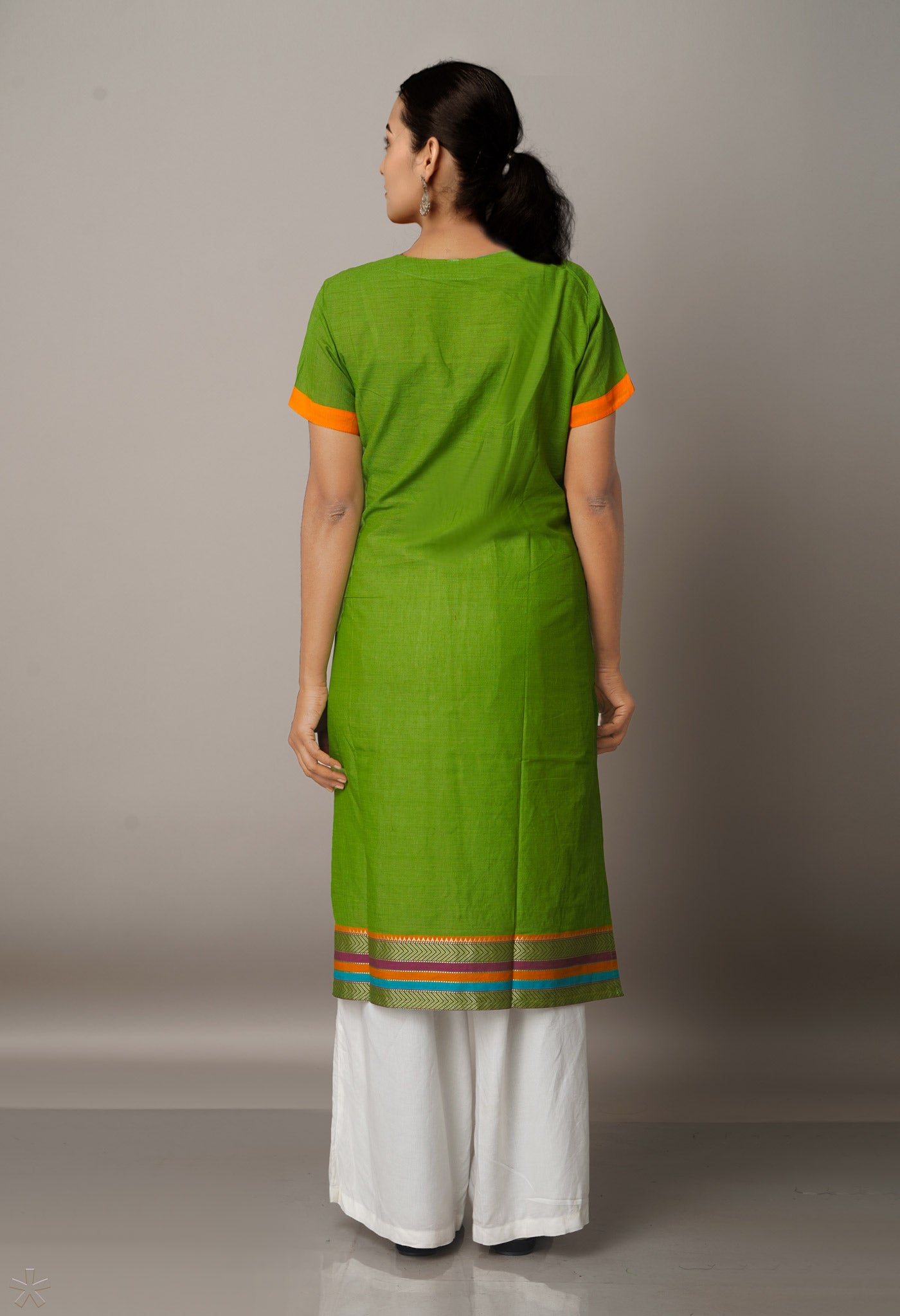 PKK1071-Sloka Weaves Parrot Green Pure Mangalagiri Cotton Kurti