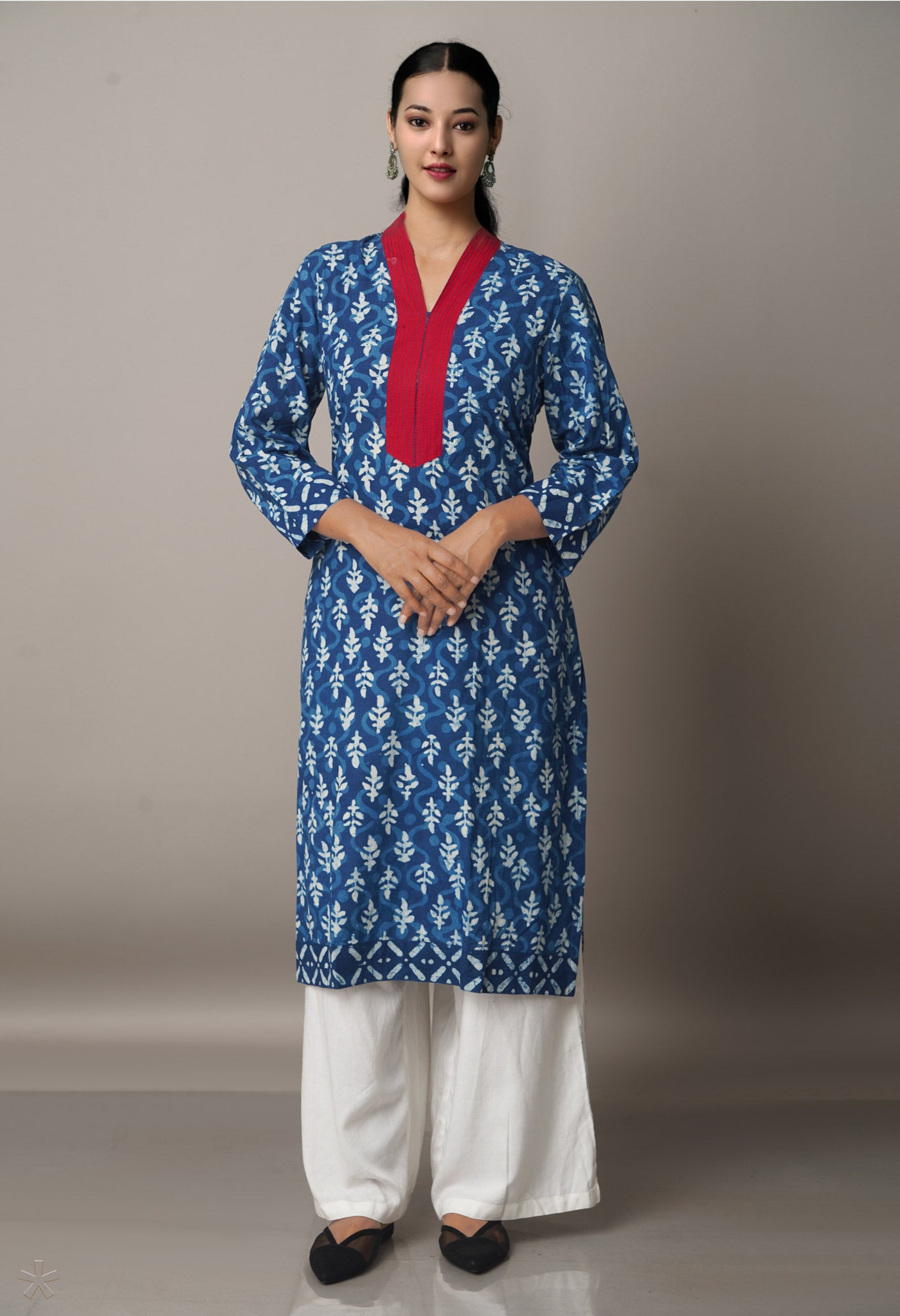 Navy Blue Cotton Dabu Printed Kurta-PKK1435