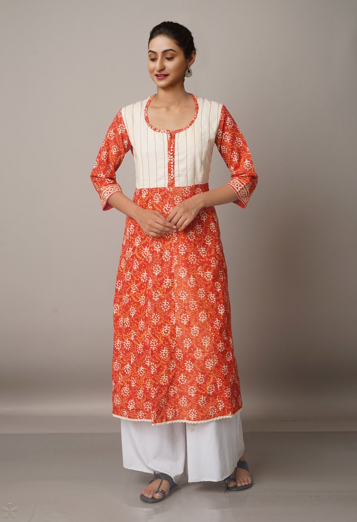 PKK1472-Sloka Weaves Red Rajasthani Cotton Dabu Printed Anarkali Kurta