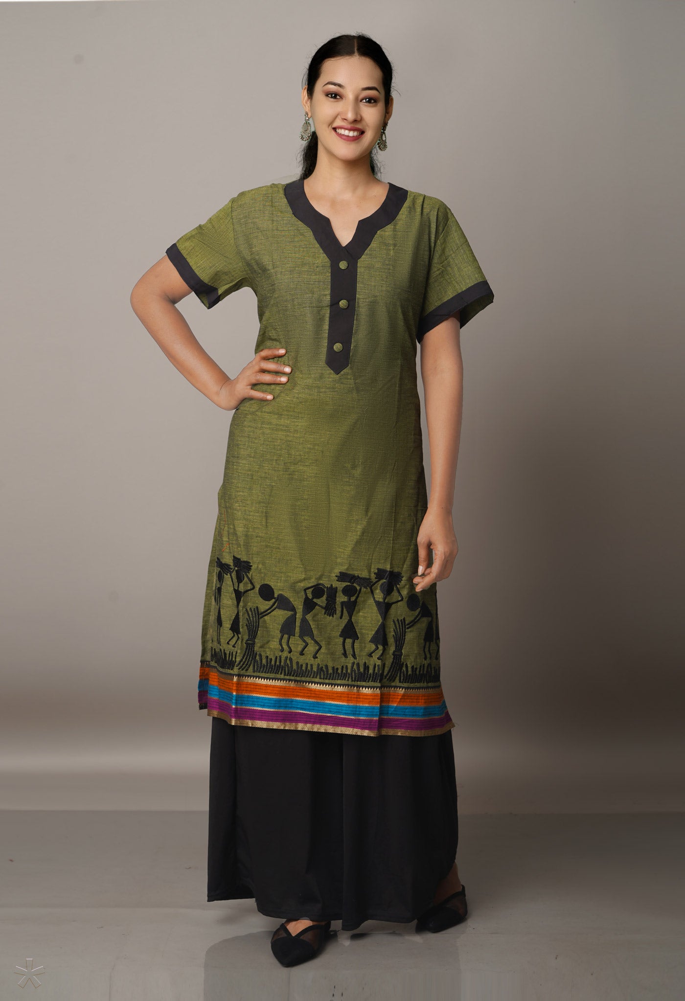 PKK1571-Pracheen kala green Mangalagiri cotton kurti