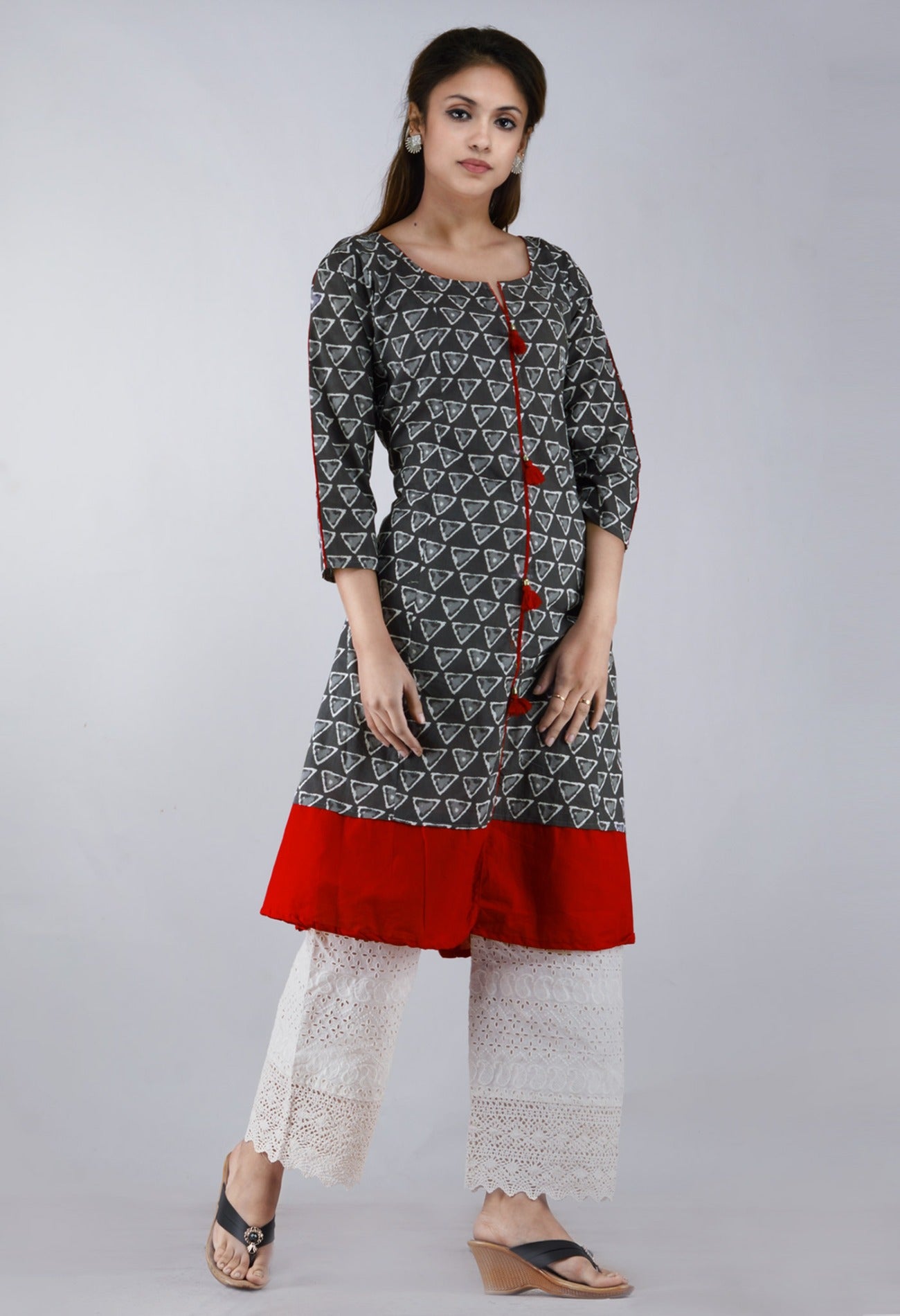 Online Shopping for Grey-Red Pure Bagru Printed Cotton Kurta With Tassels with Bagru Prints from Rajasthan at Unnatisilks.com, India 