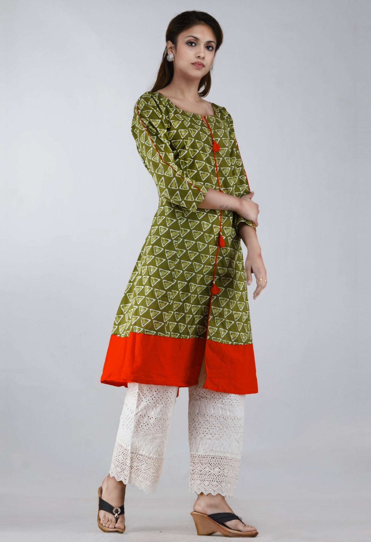 Online Shopping for Green-Orange Pure Bagru Cotton Kurta with Bagru Prints from Rajasthan at Unnatisilks.com, India 