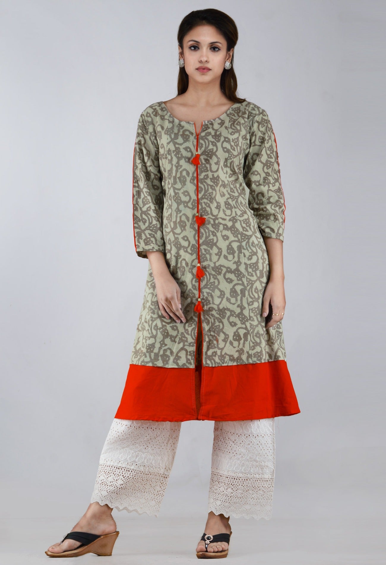 Online Shopping for Grey-Orange Pure Jaipuri Printed Cotton Kurta with Tassels with Jaipuri Prints from Rajasthan at Unnatisilks.com, India 