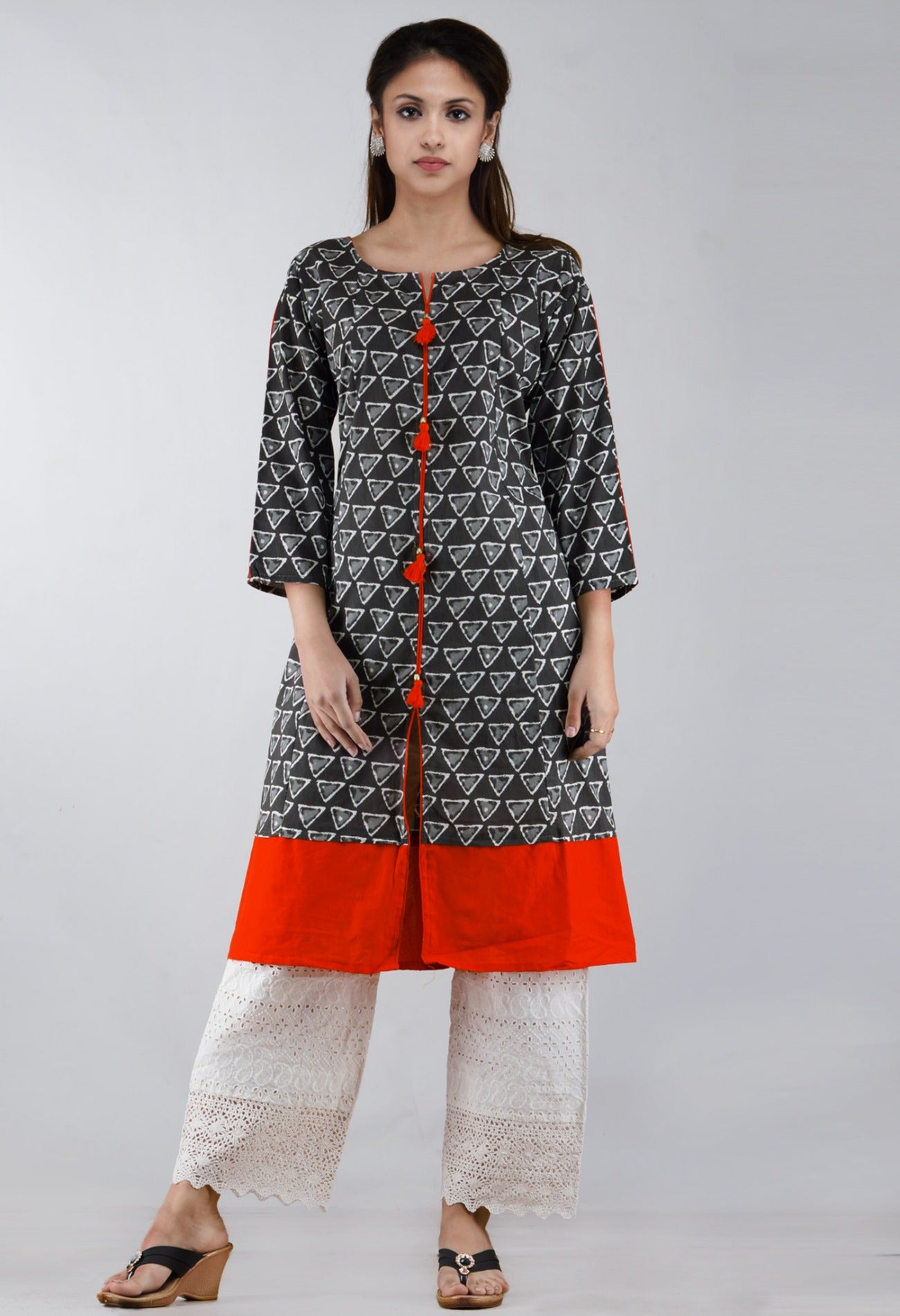 Online Shopping for Grey-Orange Pure Bagru Printed Cotton Kurta With Tassels with Bagru Prints from Rajasthan at Unnatisilks.com, India 