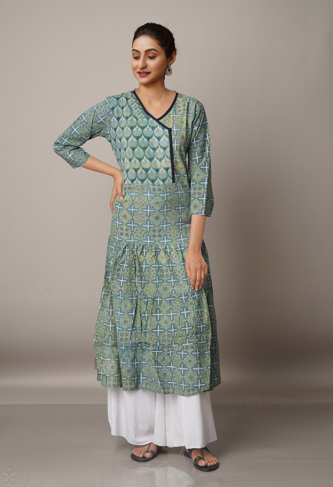 Green-Blue Pure Block Printed Cotton Long Kurta- PKK1643