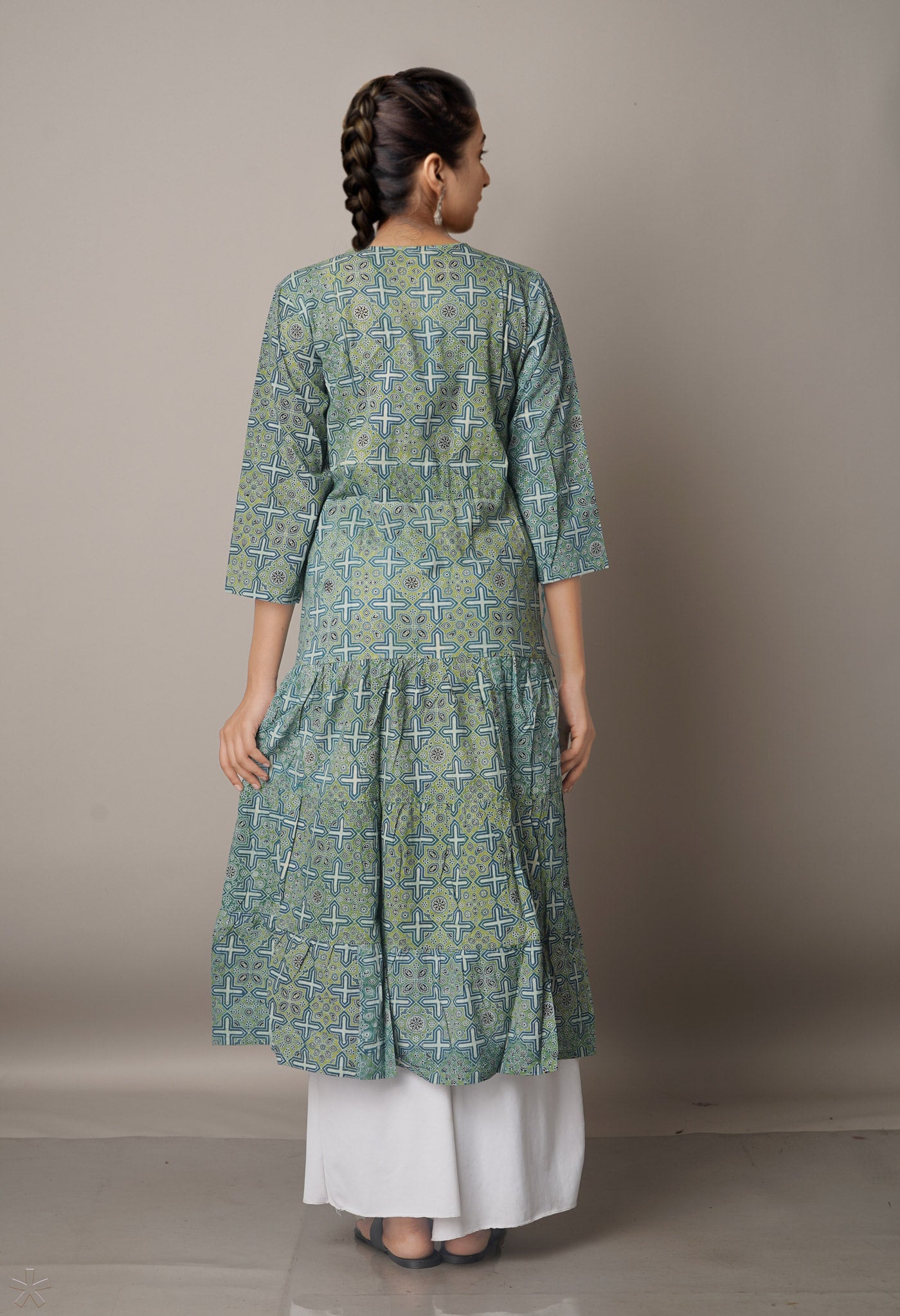 Green-Blue Pure Block Printed Cotton Long Kurta- PKK1643