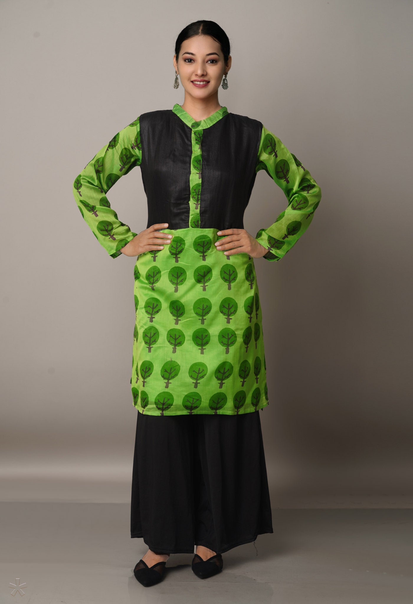 Parrot Green-Black Pure Handloom Chanderi Kurta-PKK1684
